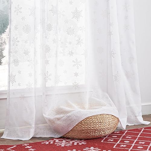 Miniatura 8 de Vangao Cortinas traslúcidas blancas de Navidad para sala de estar, estampado de copos de nieve, 96 pulgadas de largo, para dormitorio, decoración de