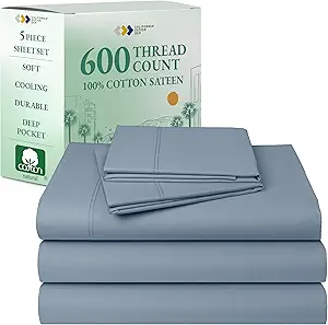 California Design Den Split King Sheet Set - 100% Cotton, 600 Thread Count, Breathable Luxury King Size Sheets for Adjustable Bed, Luxury Soft Hotel-Quality Sheets with Sateen Weave - Pastel Blue