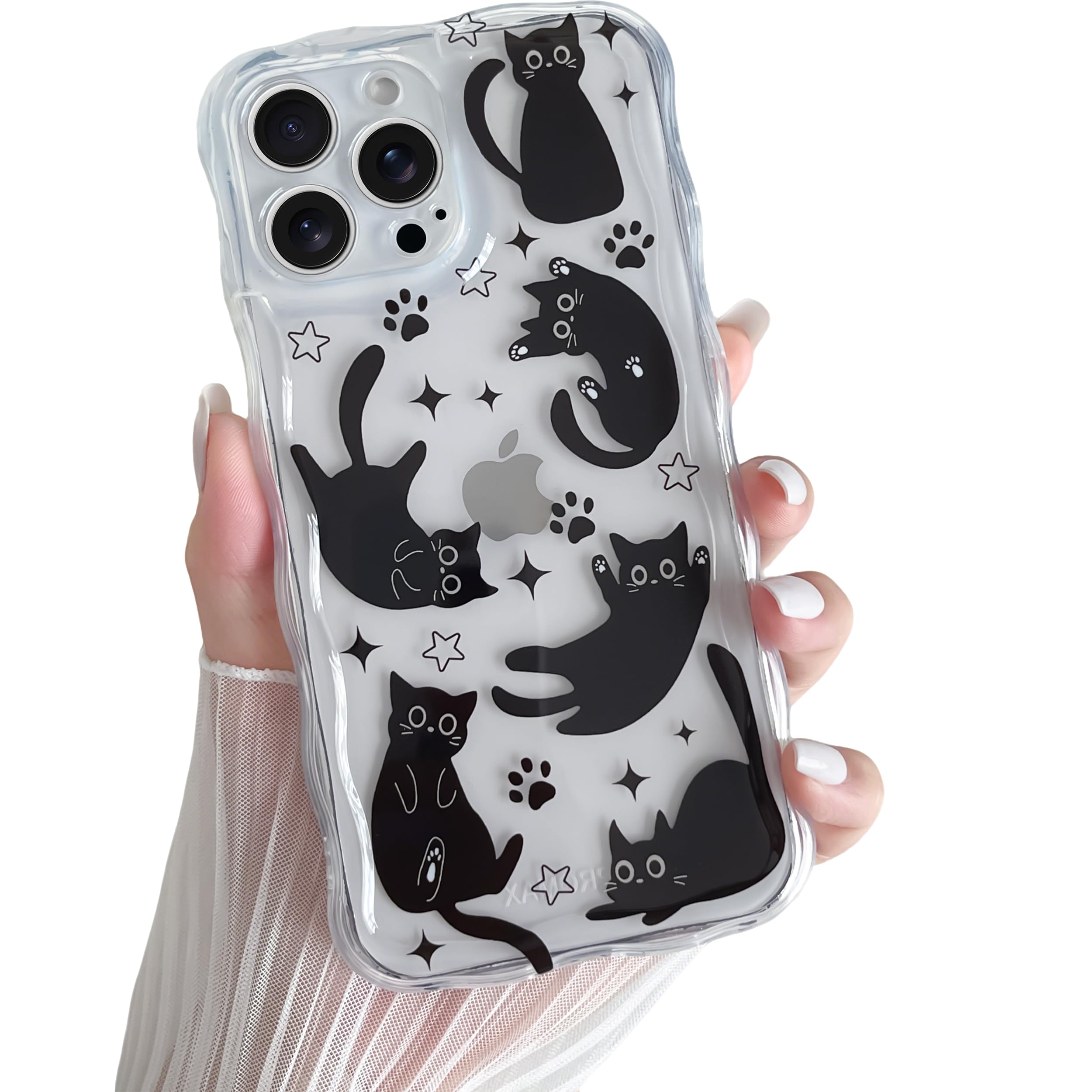 Yeddabox for iPhone 13 Pro Case Cute Black Cat Pattern Wavy Clear Phone Case Soft TPU Slim Shockproof Phone Cover for Women Girls