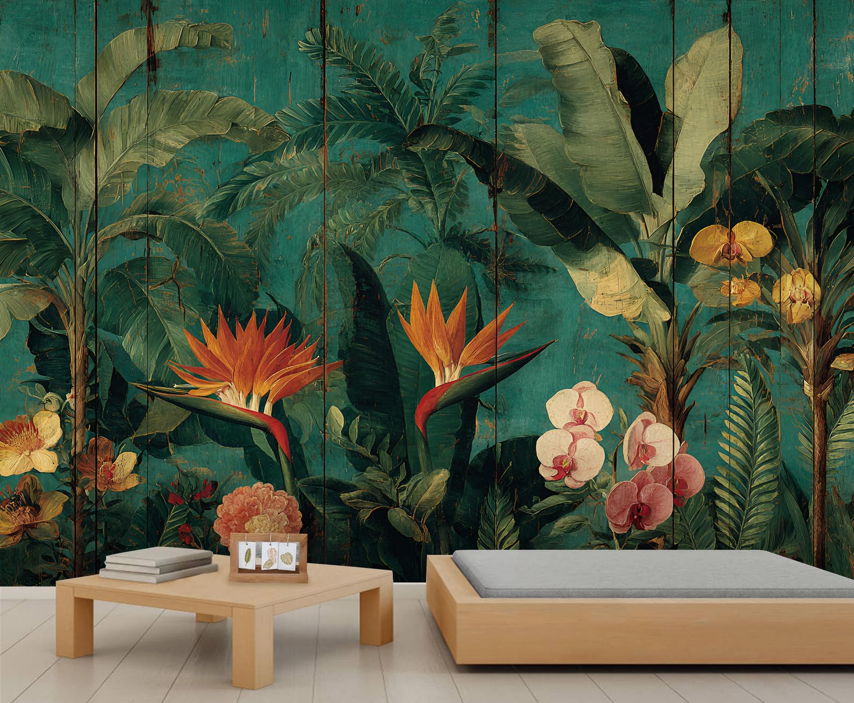 YEMYOR Floral Mural Wallpaper Green Jungle Banana Leaf Wallpaper for TV and Sofa Background Tropical Rainforest Wall Mural for Living Room Bedroom-450x300cm โ image 1