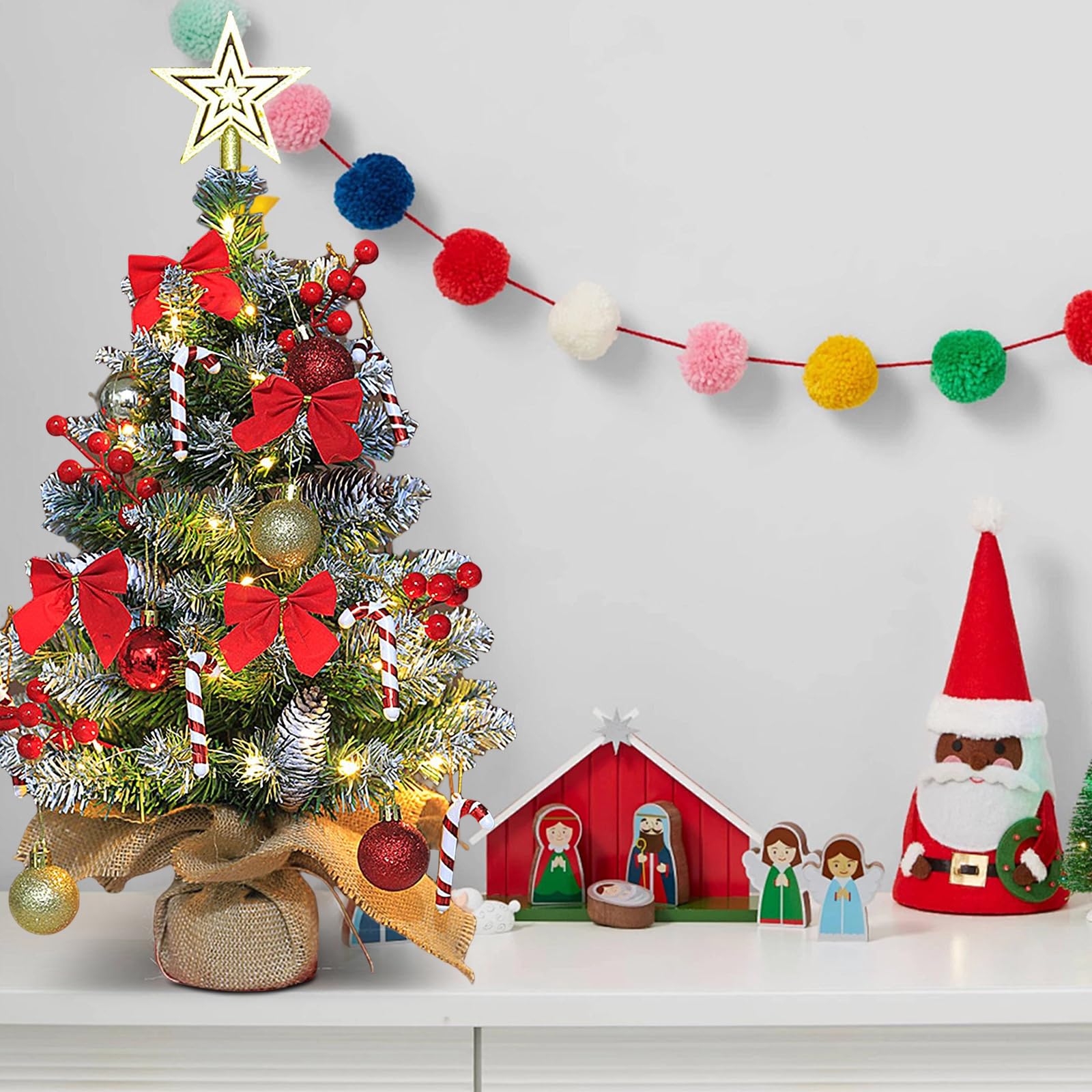Mini Albero di Natale Artificiale,60cm Albero di Natale Decorato Artificialmente con illuminazione a LED,Fogliame Folto e Realistico In PVC,Base In Juta,per Feste,Festival,Tavoli da Pranzo