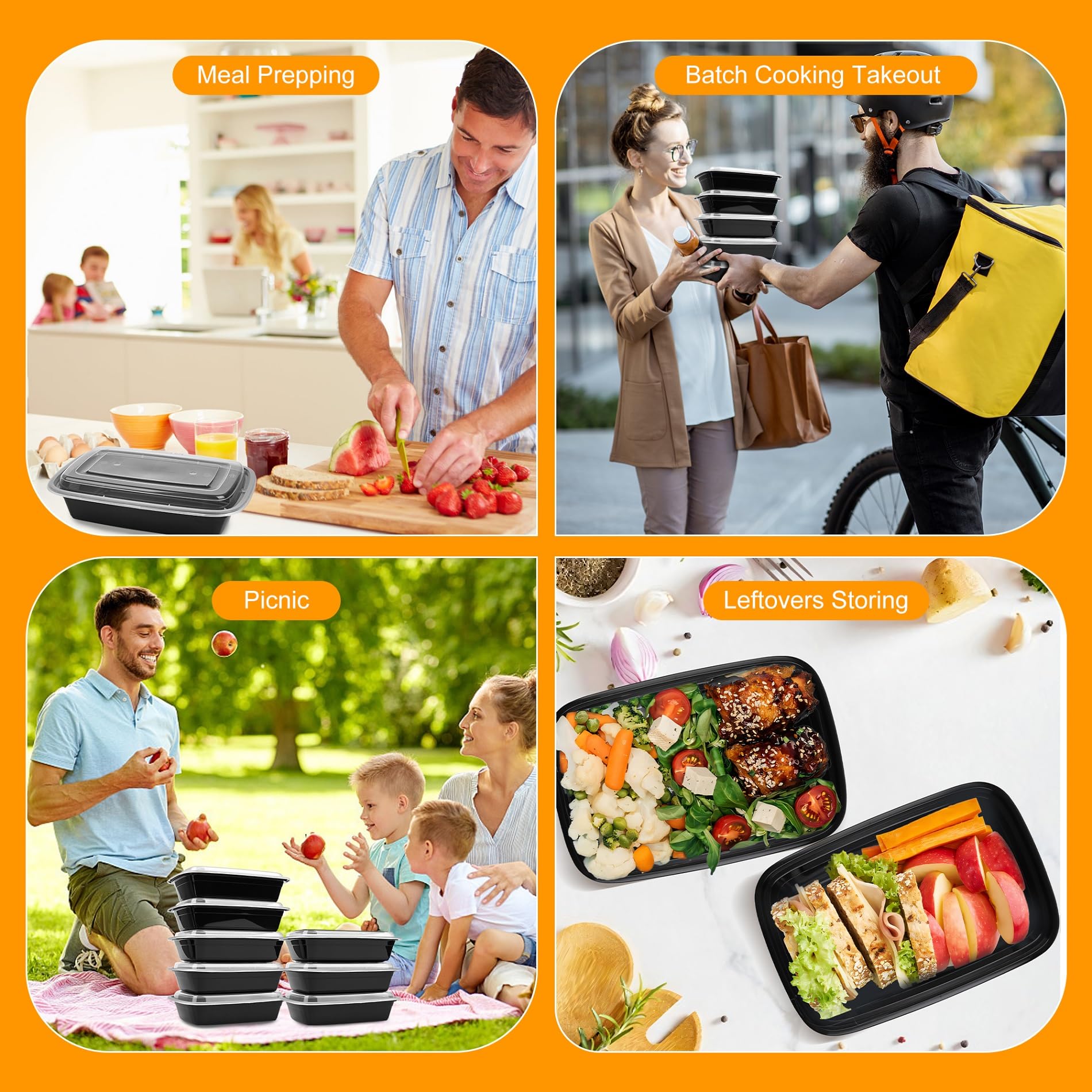 Lot de 50 boîtes à repas réutilisables sans BPA avec couvercles, 1 compartiment, passent au micro-ondes, 800 ml