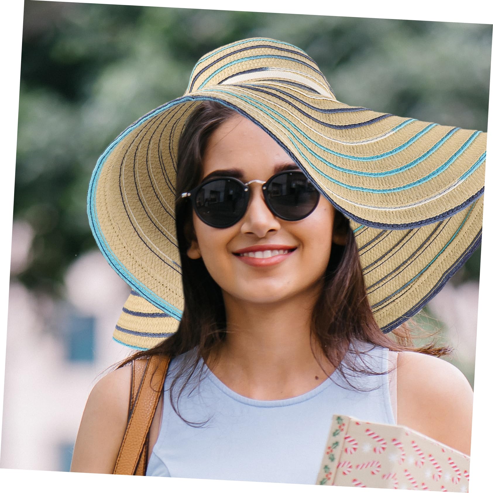 FOMIYES Cappello da Spiaggia in Paglia Falda Larga 17cm, Cappello da Sole Pieghevole per Donna Protezione Solare, Design a Righe Colorate, per Spiaggia e Viaggi