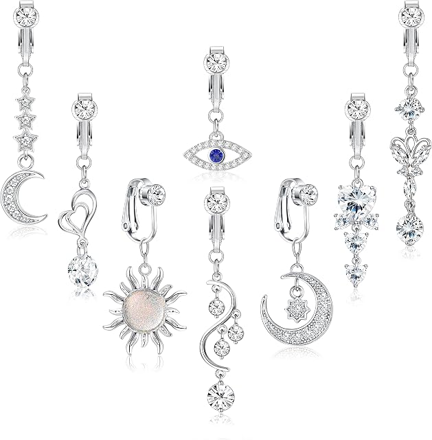 ADRAMATA 8Pcs Fake Belly Bars Surgical Steel Dangle Faux Belly Button Piercing CZ Moon Evil Eye Clip on Belly Button Bars Fake Pregnant Belly Bars Silver Belly Button Bars