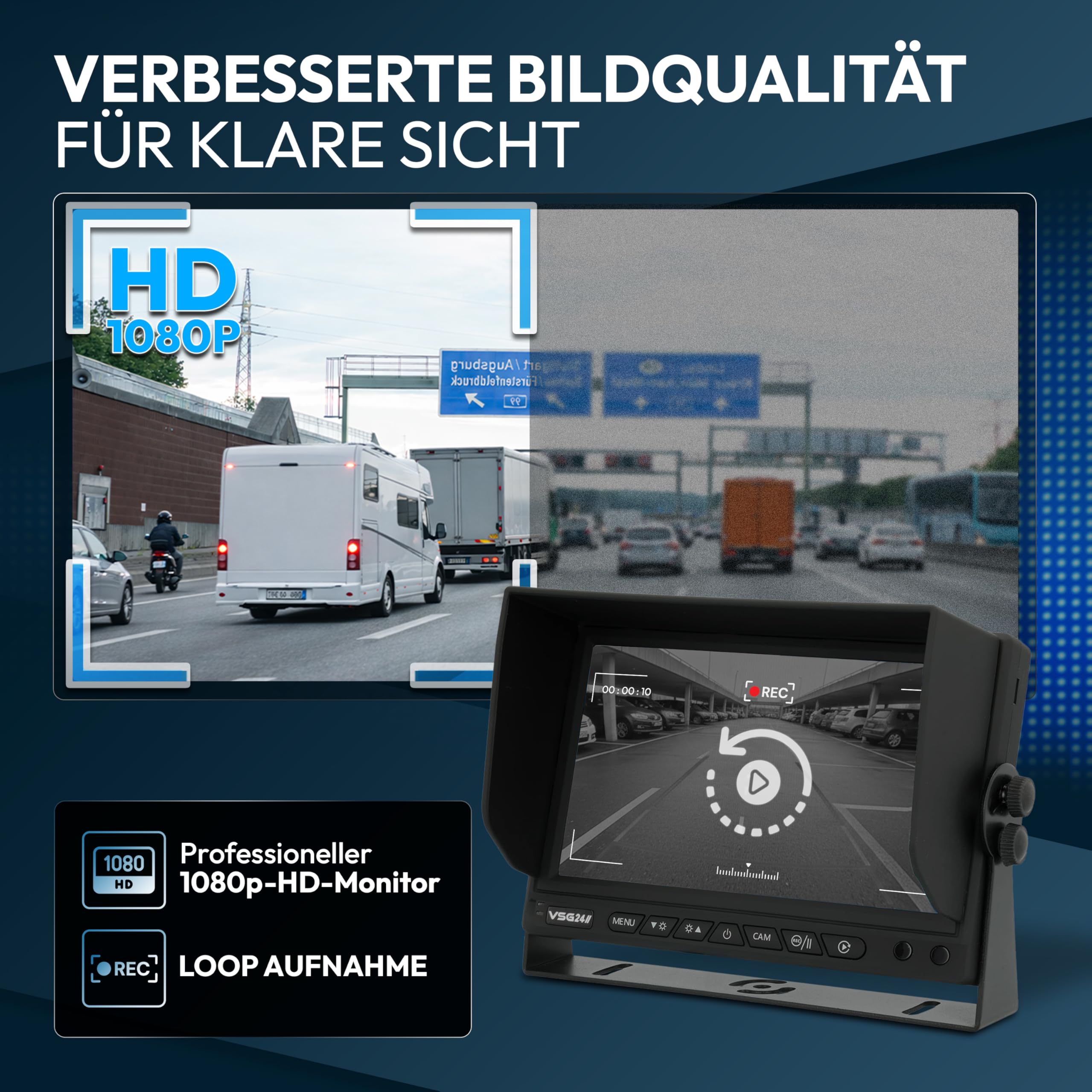 VSG24 kamery cofania "7" zestaw startowy do samochodów ciężarowych z 2 kamerami o rozdzielczości HD RVS-24503, monitorem, kablem i pilotem zdalnego sterowania – wodoszczelna widoczność w nocy 12 V-24