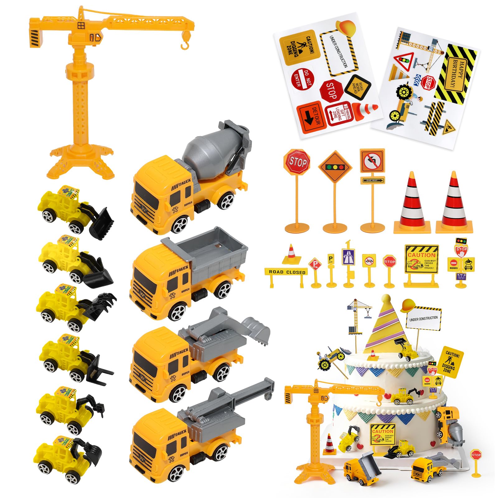 FICOFISE Digger Cake Toppers, 27PCS Construction Vehicles Cake Toppers Set, Digger Toys, Bulldozers, Tower Cranes, Traffic Signs, Cake Decorations for Boys Kids Birthday Baby Shower Festival Party
