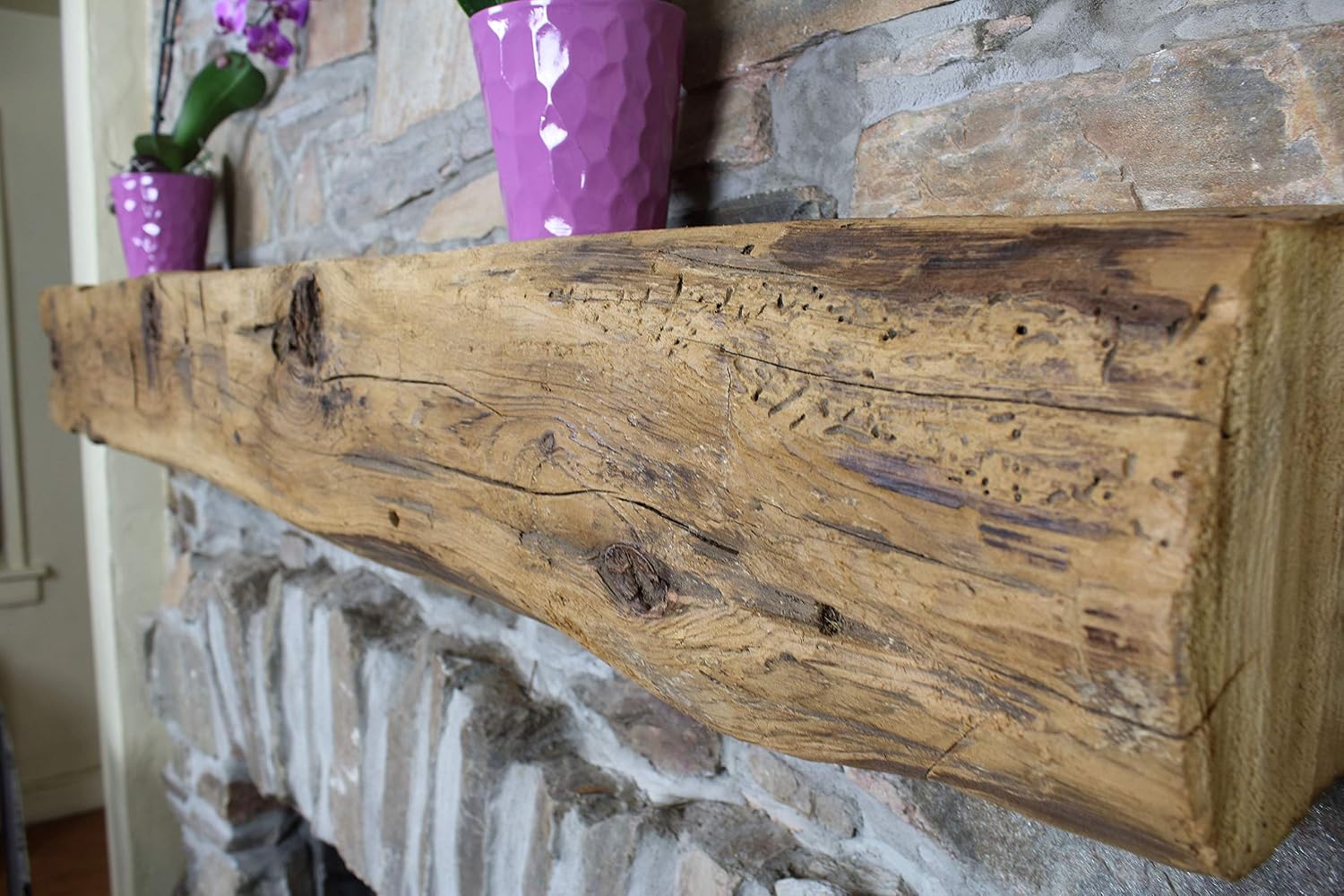 Modern Timber Craft Hand Hewn Wood Barn Beam Fireplace Mantel Shelf - Certified Reclaimed American Barnwood Floating Rustic Shelving, Custom Length