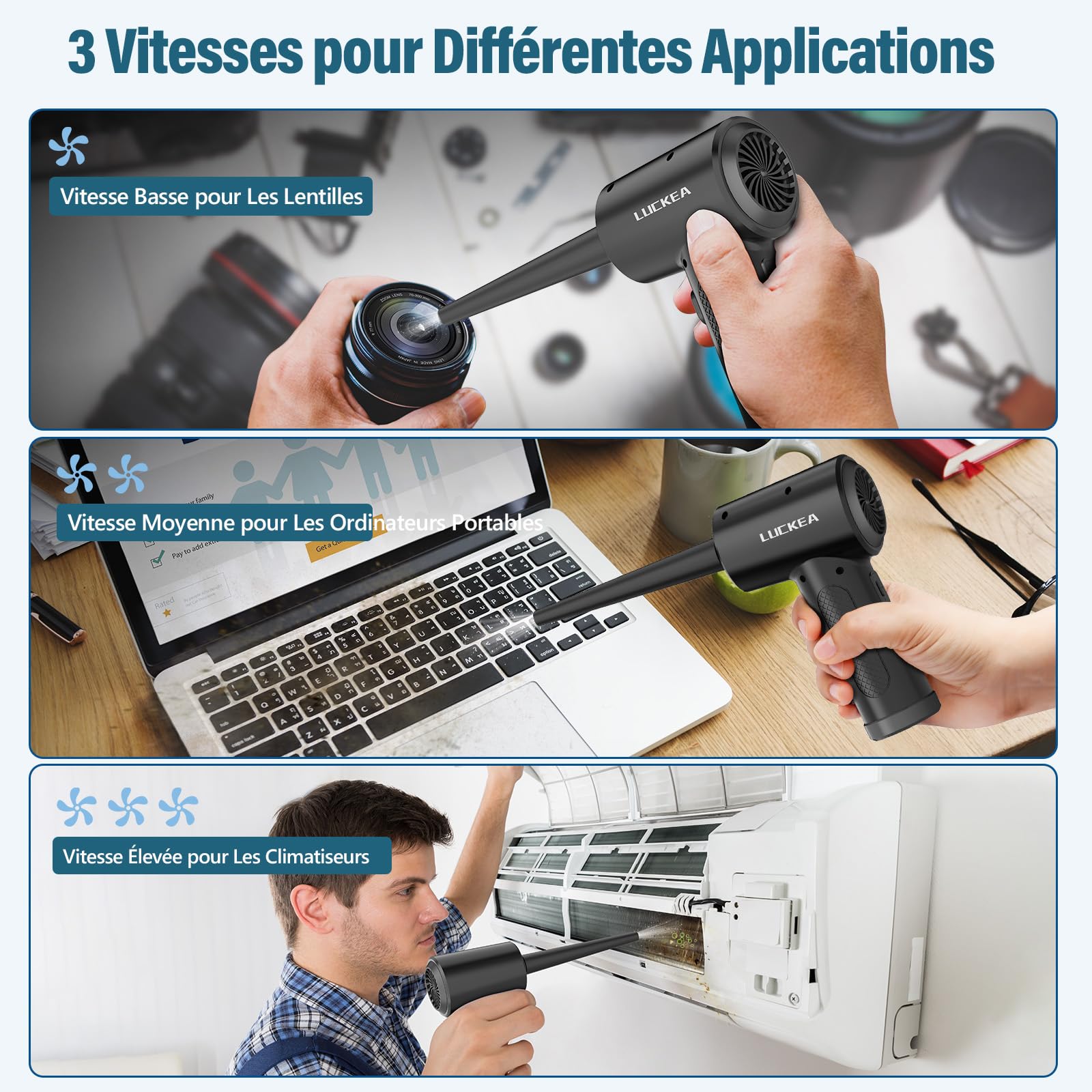 Souffleur Air Comprimé 3 Vitesses Souffleur PC - Mini Souffleur Voiture 6000 mAh Batterie avec Lumière LED, Bombe Air Sec Nettoyage PC, Air Comprimé Nettoyage Ordinateur Clavier, Air Duster