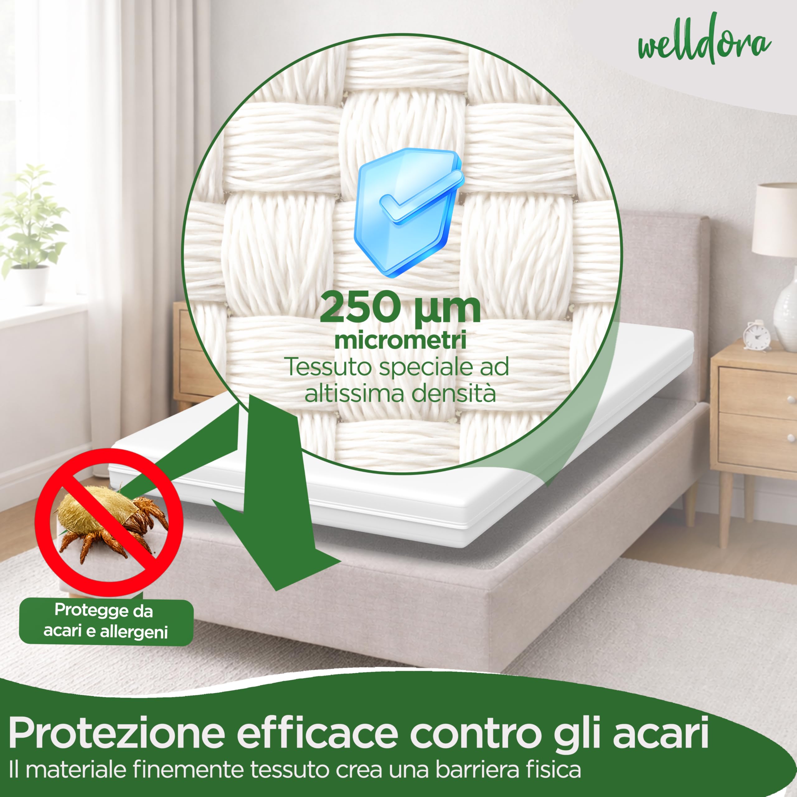 Welldora Coprimaterasso Antiacaro Premium 160 x 200 x 20 cm – Copri Materasso Antiacaro Anallergico Testato - Rivestimento con Cerniera - Biancheria da Letto Anallergica