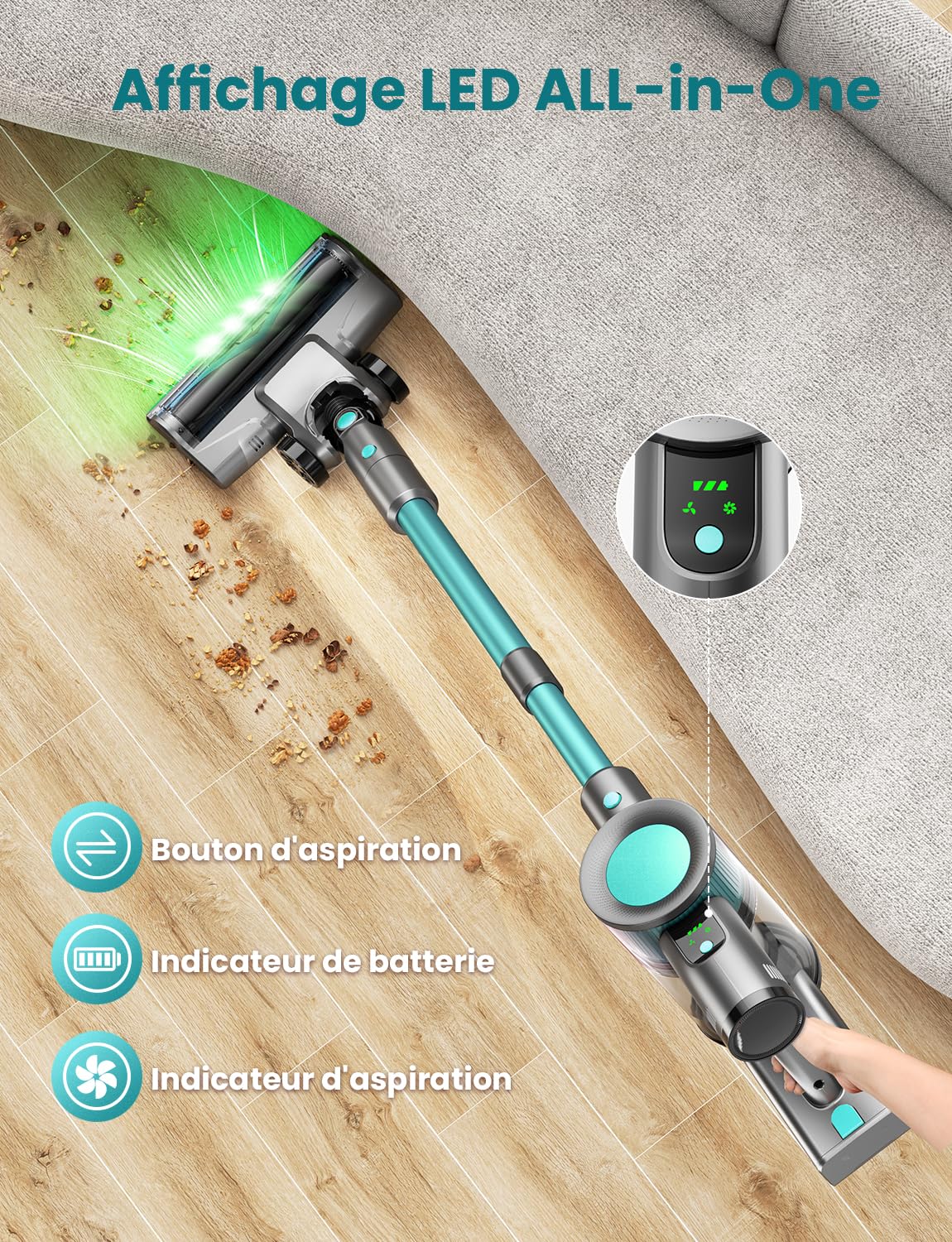 Aspirateur Balai sans Fil 45KPa, Aspirateur sans Fil Puissant, 50 Min Autonomie, Batterie Amovible, Brosse Anti-Enchevêtrement LED, Aspirateur Léger pour Poils d'animaux, Tapis, Sols Durs Canapé