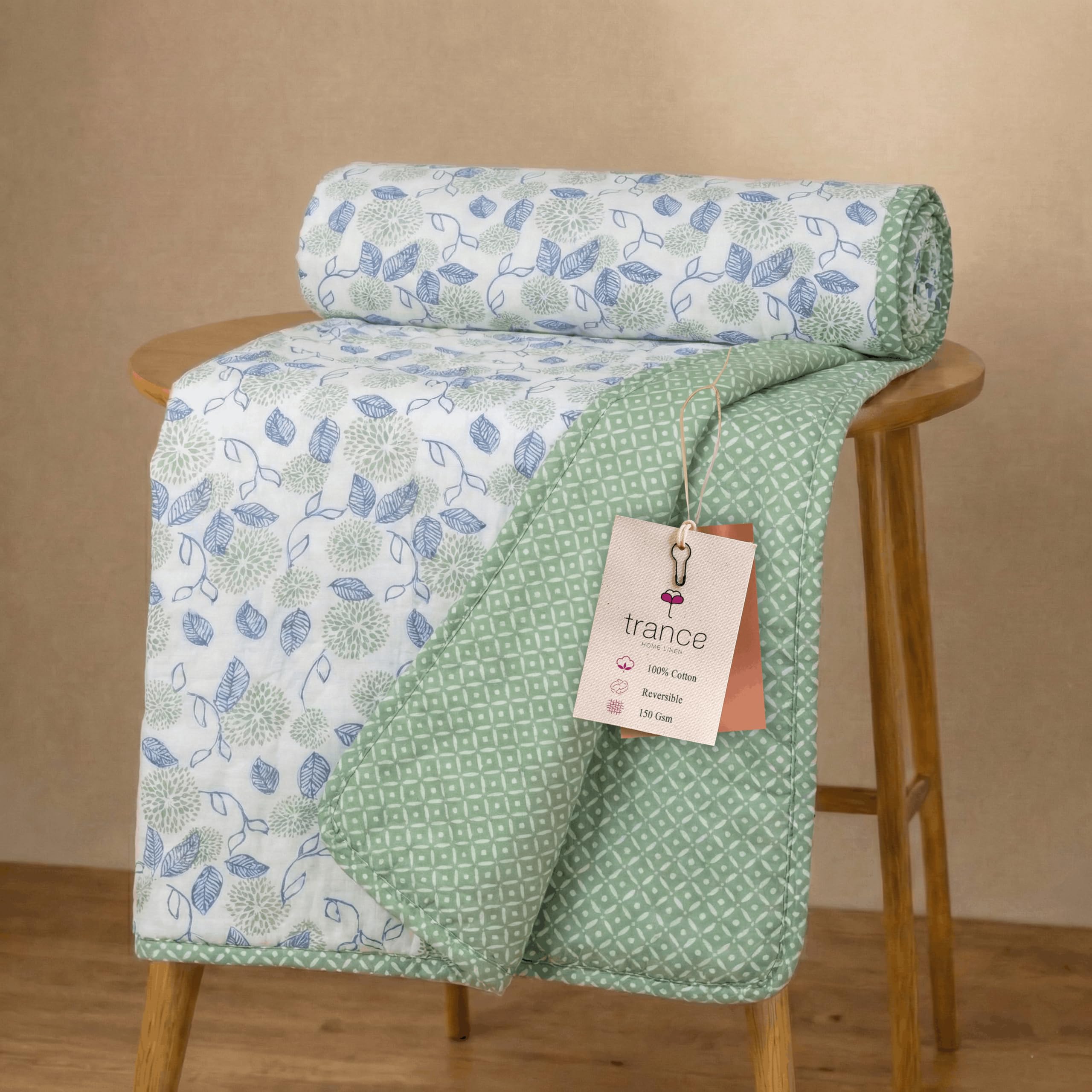 Trance Home Linen Premium 100% Cotton Dohar for Double Bed | 150 GSM | Reversible Ac Comforter | Light Weight All Season Soft Blanket (84x88 Inches | Spring Green)