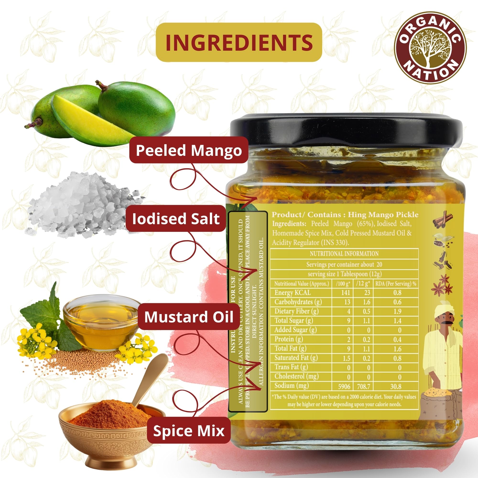ORGANIC NATION Delicious Hing Ka Aam Pickle, No Preservatives, Aam Ka Achar, Homemade Mango Pickle, 250g Jar, Natural Ingredients, Traditional Recipe, Perfectly Spiced, Vibrant Yellow 3