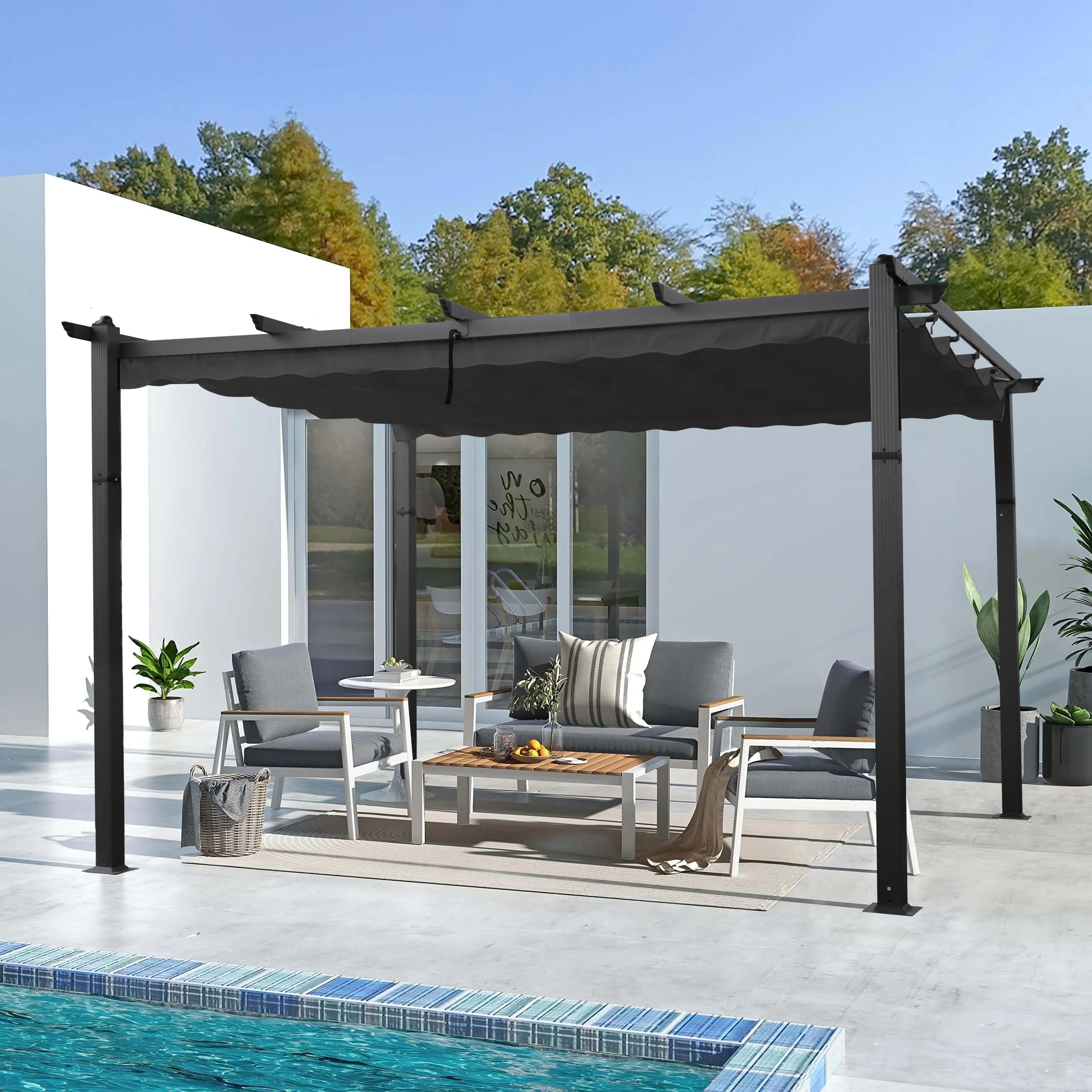 13'x10' Outdoor Pergola with Retractable Canopy Shades, Upgrade Metal Pergola Shelter with Canopy Cover, Aluminum Grape Trellis Gazebo with Adjustable Roof for Deck, Patio, Garden, Yard, Gray