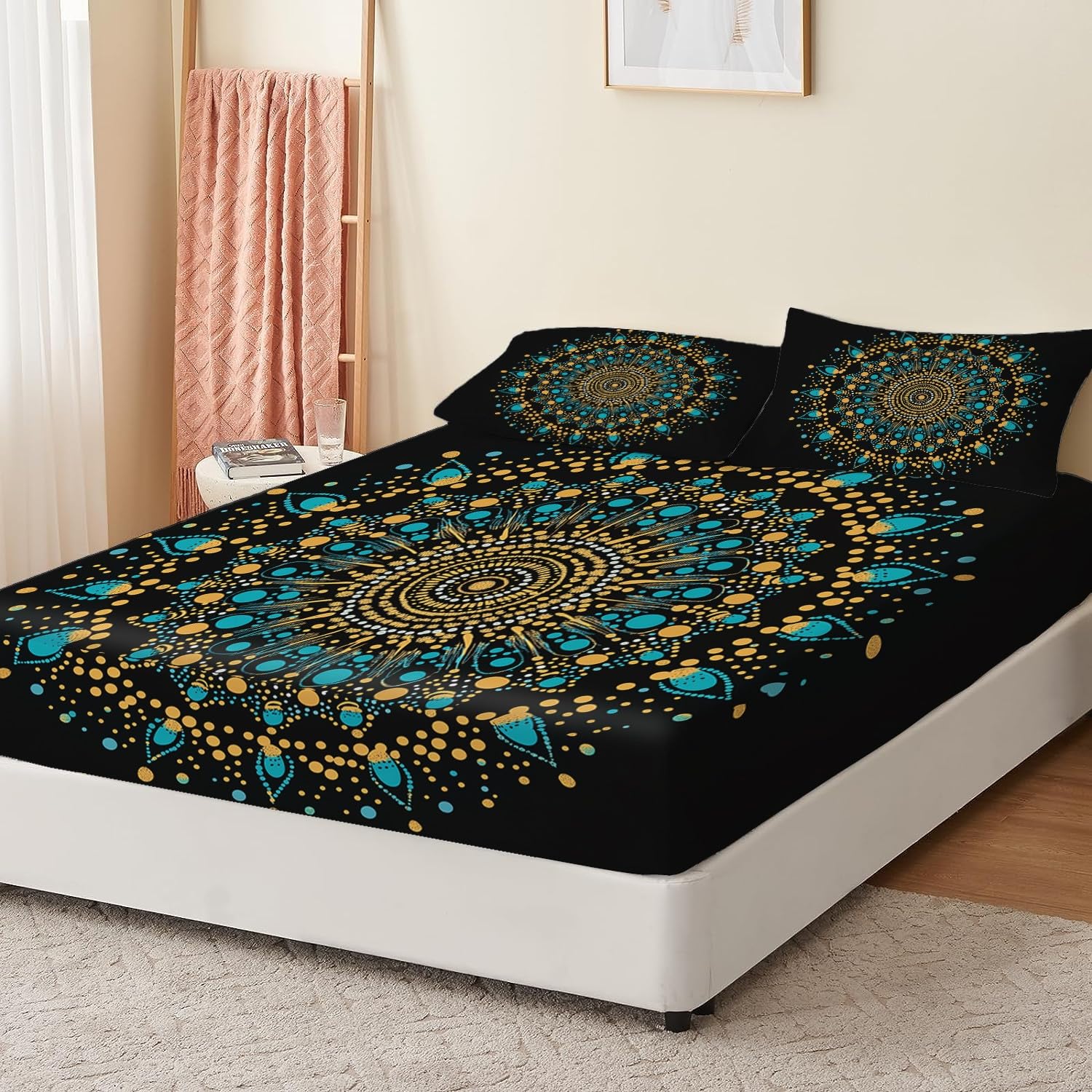 Bedruckt Spannbettlaken Retro Kompassmuster Weiche Matratzenschoner 140 x 200 cm Spannbettlaken, Blau Gelb Kommt mit 2 Kissenbezügen Geeignet für bis 30 cm Matraze