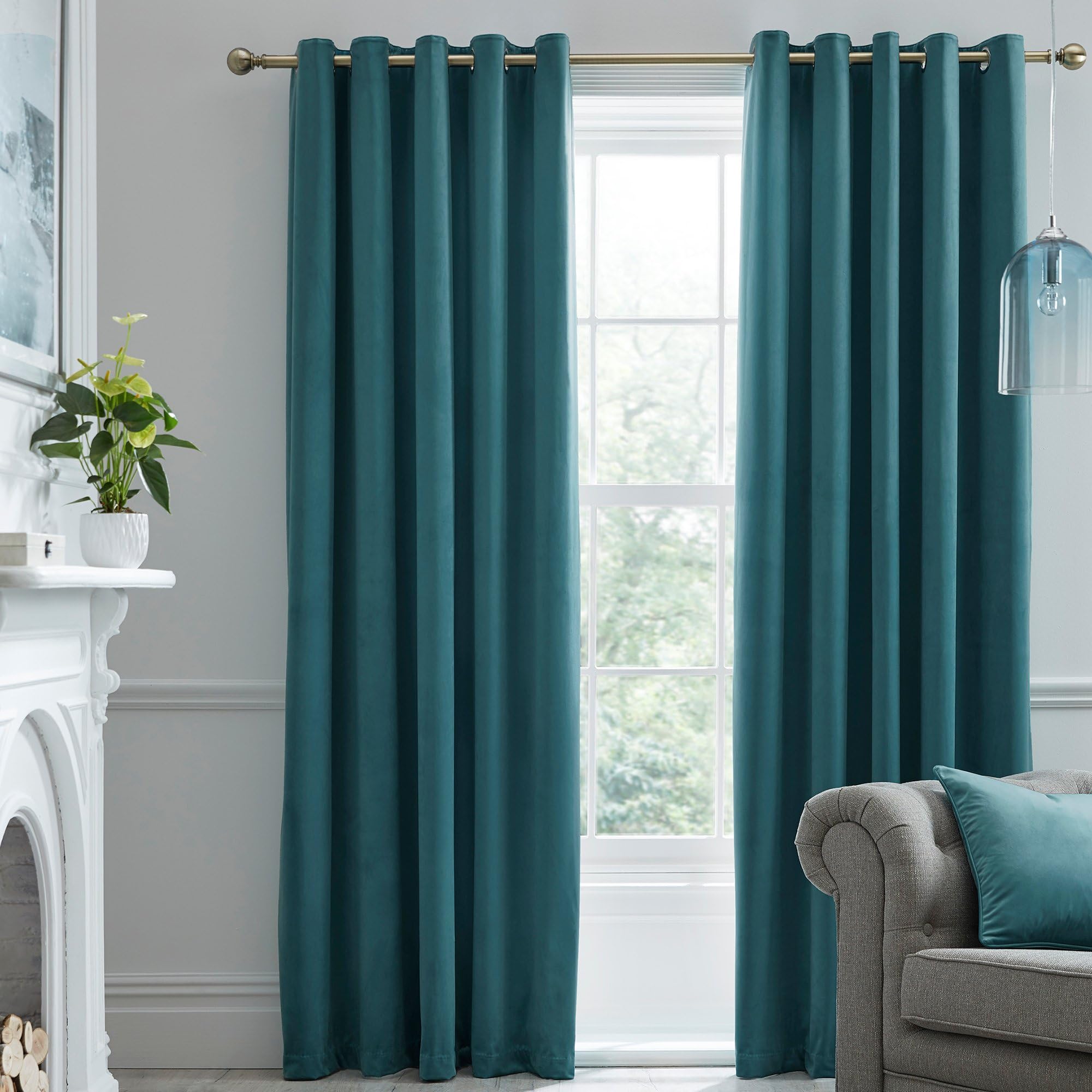 Laurence Llewelyn-Bowen Teal Montrose' Velvet Blackout-Coated Pair Of Eyelet Curtains In | Size: 168Cm Width X 183Cm Drop