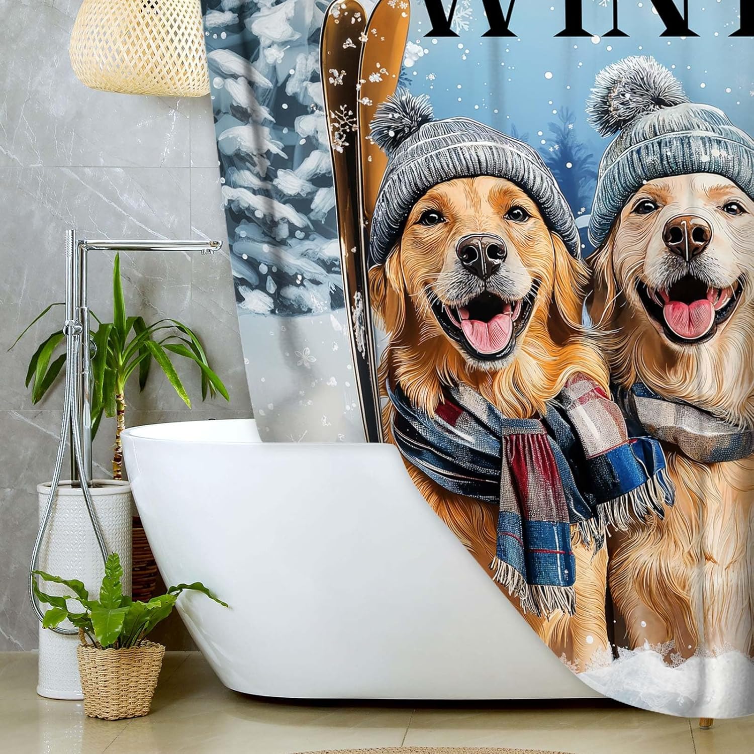 JAWO Hello Winter Dog Shower Curtain for Bathroom, Waterproof Winter Animal Snowy Forest Ski Dog Christmas Xmas Tree Blue Shower Curtain Set with Hooks,72X84