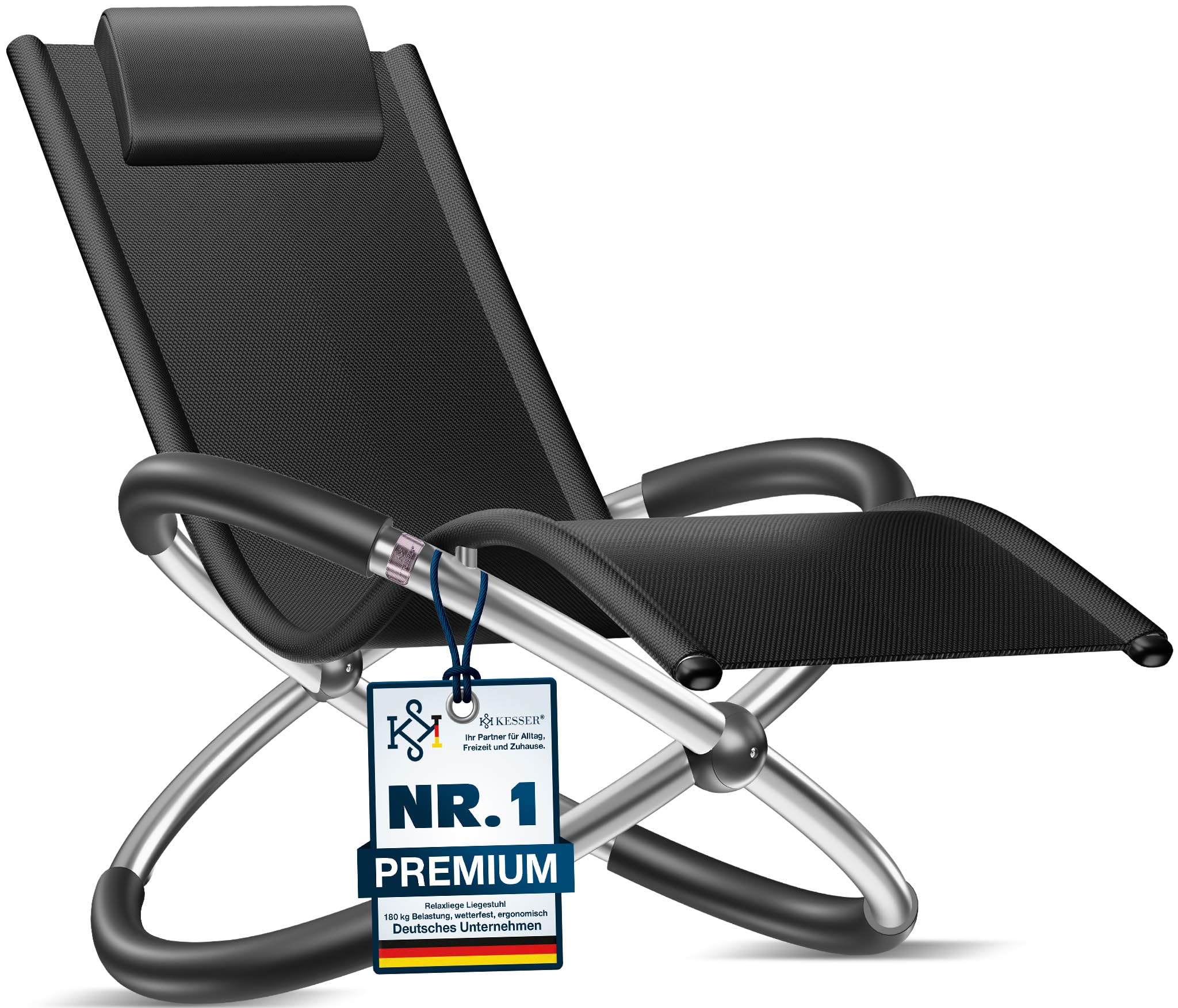 KESSER® Relaxliege Liegestuhl | Gartenliege Sonnenliege | Gartenstuhl | Klappstuhl faltbar | Schwungliege | Schaukelsessel | ergonomische Relaxsessel | wetterfest | 180 kg Belastung, Schwarz