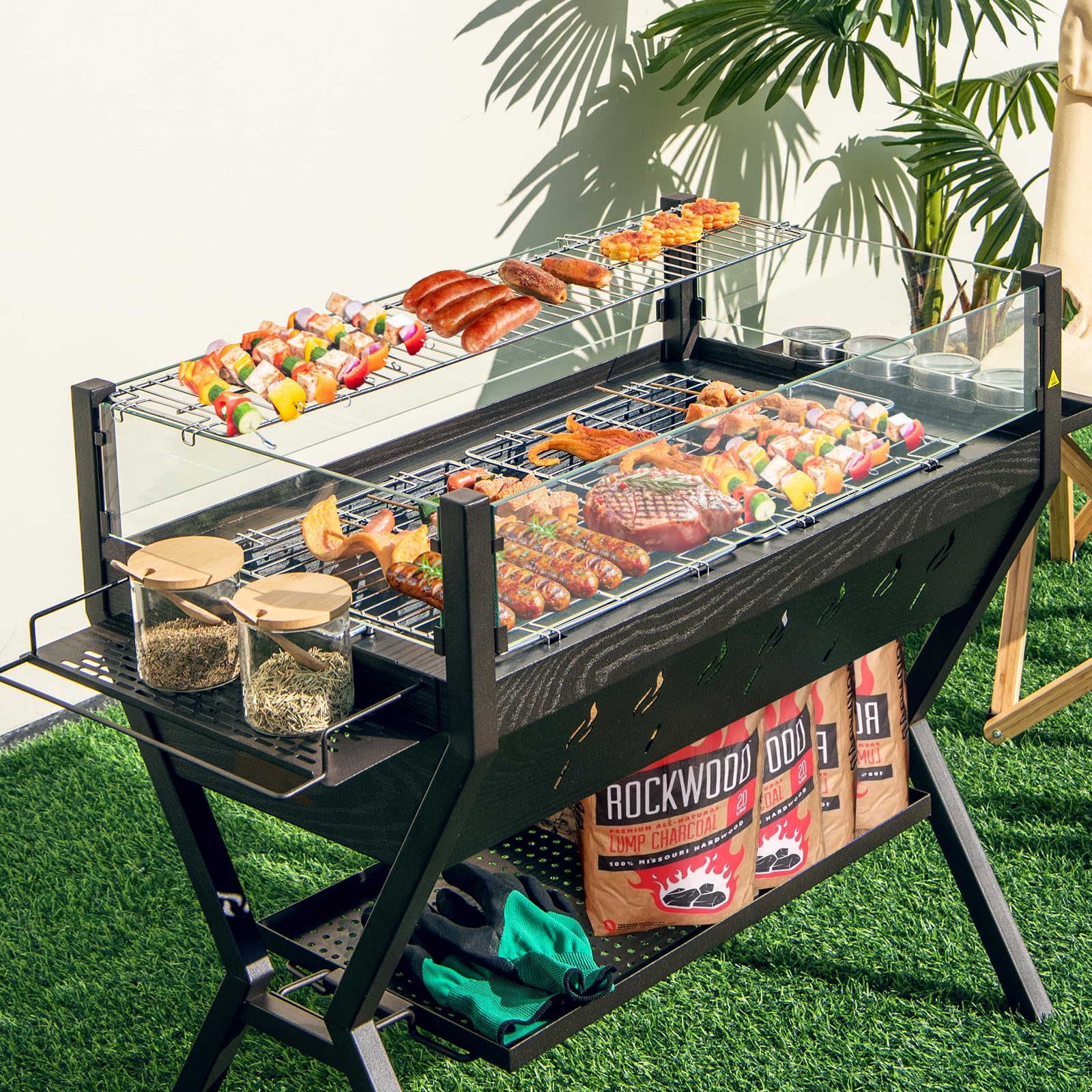 COSTWAY Barbacoa Carbón y Leña con Parrillas, Acero Inoxidable, Barbacoa Carbon con Protector Contra Viento, Estantes para Condimentos y de Almacenamiento, con Guantes