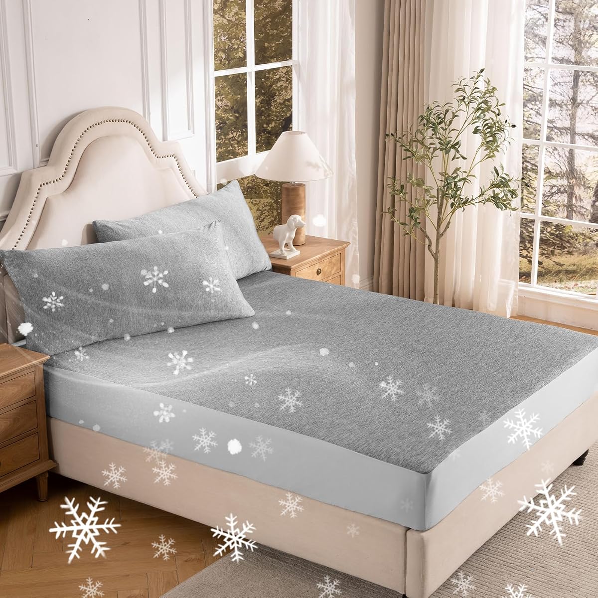 OMERAI 3PCS Cooling Sheet Set King Size, Breathable Bed Sheets, Grey | Includes 1 Fitted Sheet & 2 Pillowcases, Q-Max >0.45 Cool-to-Touch Fabric, Silky Soft Feel, Deep Pocket Fits up to 16"