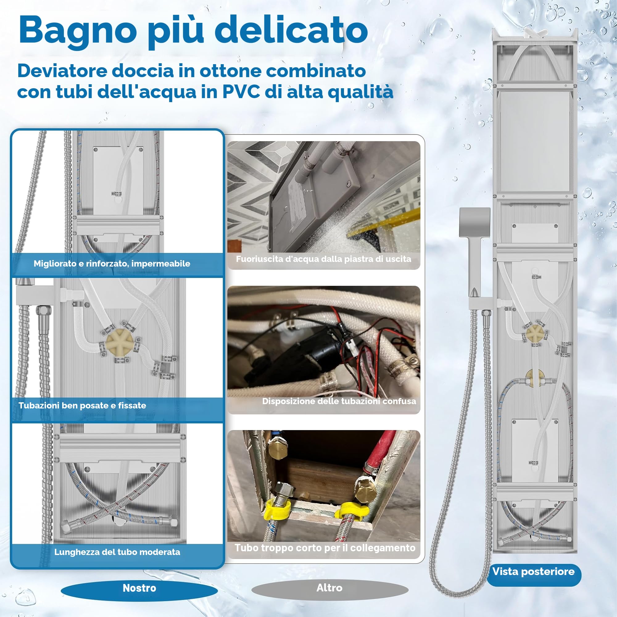 Aufun - Kit di finitura per vasca e doccia in acciaio inox con ripiano e rubinetto, 5 funzioni colonna doccia pioggia e nebbia, 4 ugelli massaggianti a larghezza regolabile, doccetta e ingresso a
