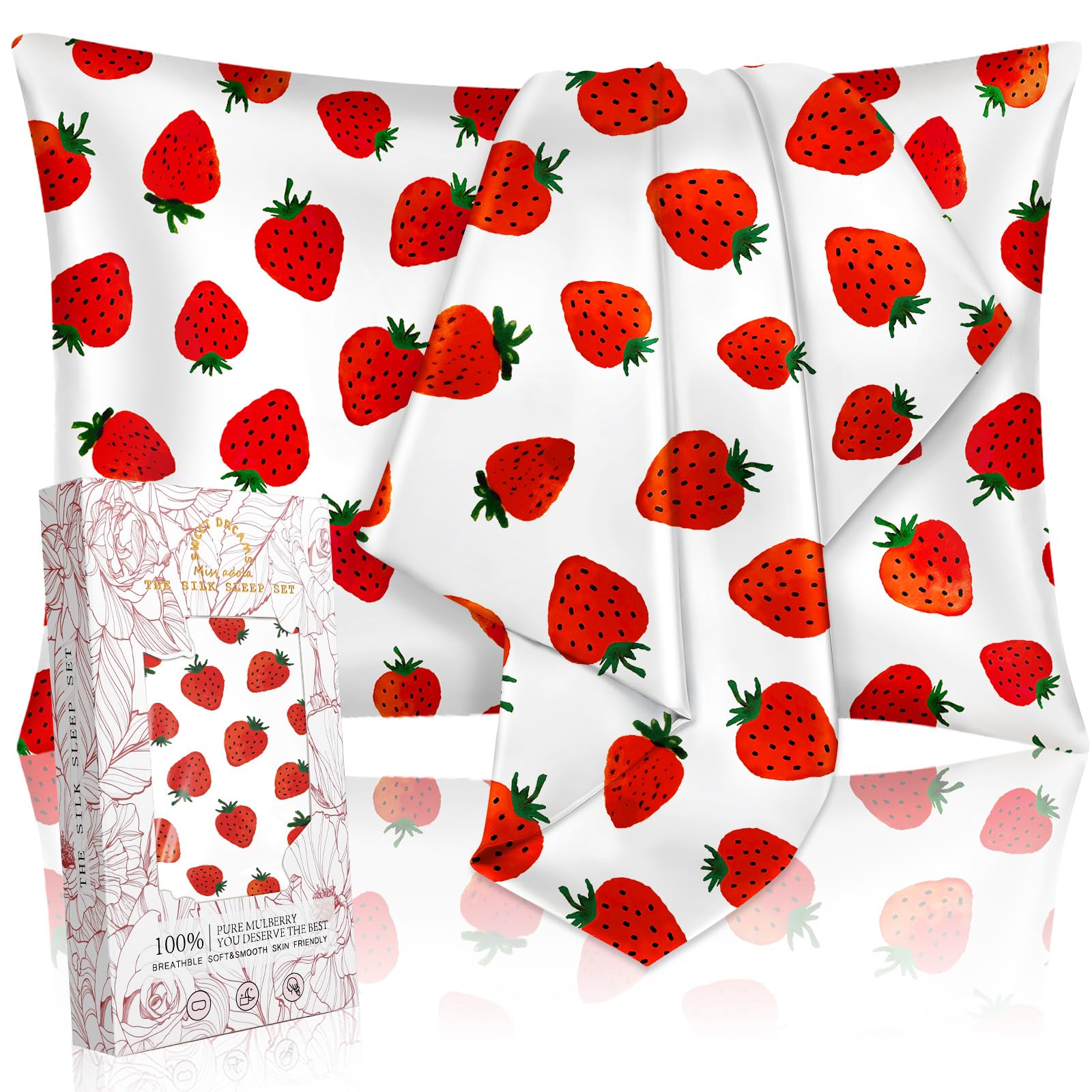 Miss Adola2 Pack Mulberry Silk Pillowcase for Hair and Skin - Standard Size 26 x 20 Inches with Hidden Zipper Watercolor Strawberry 19 Momme Soft Sleeping Silk Pillow Case for Women, Moms