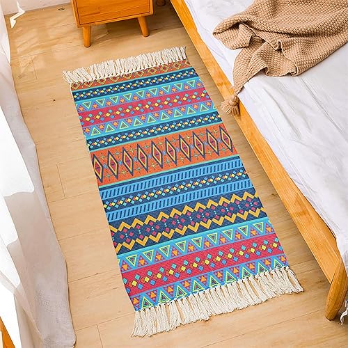 Alfombra marroquí de algodón con borlas, estilo vintage, tejida a mano, con flecos, color rojo, lavable, para cocina, sala de estar, dormitorio,