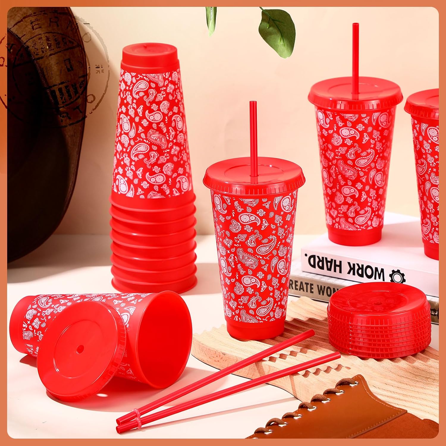 12 Sets Western Cowboy Plastic Tumbler 24 oz Red Bandana Cups with Lids and Straws Western Reusable Drinking Juice Cups for Cowboy Birthday Themes Party - Image 6