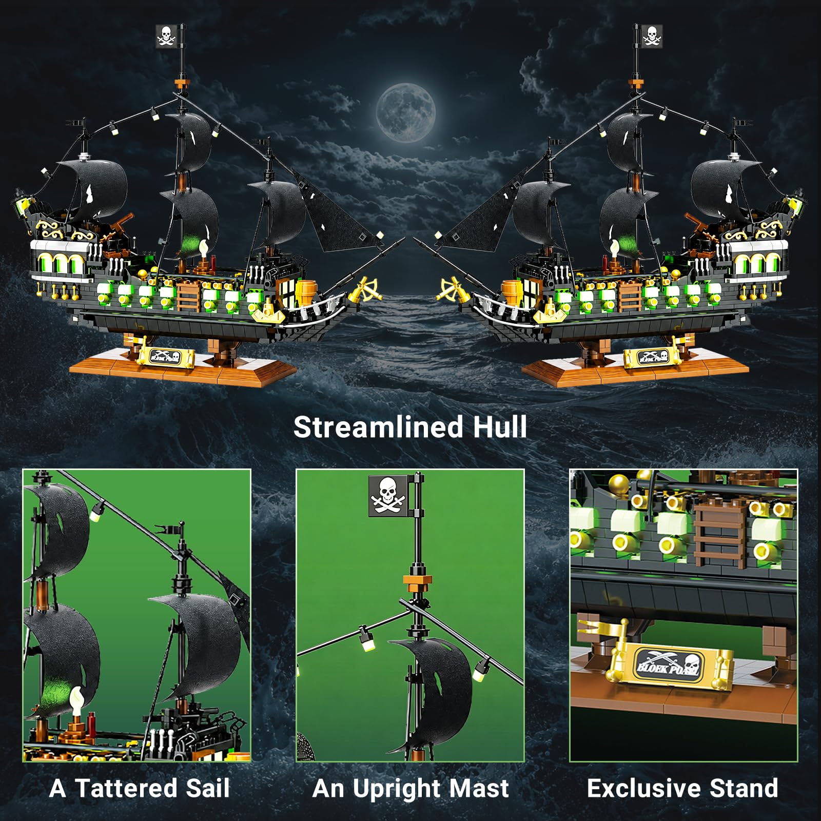 Set di mattoncini Nave Pirata Luminosa | modello notturno decorativo per adulti, kit creativo regalo per ragazzi e ragazze a partire da 14 anni (1576 pezzi)