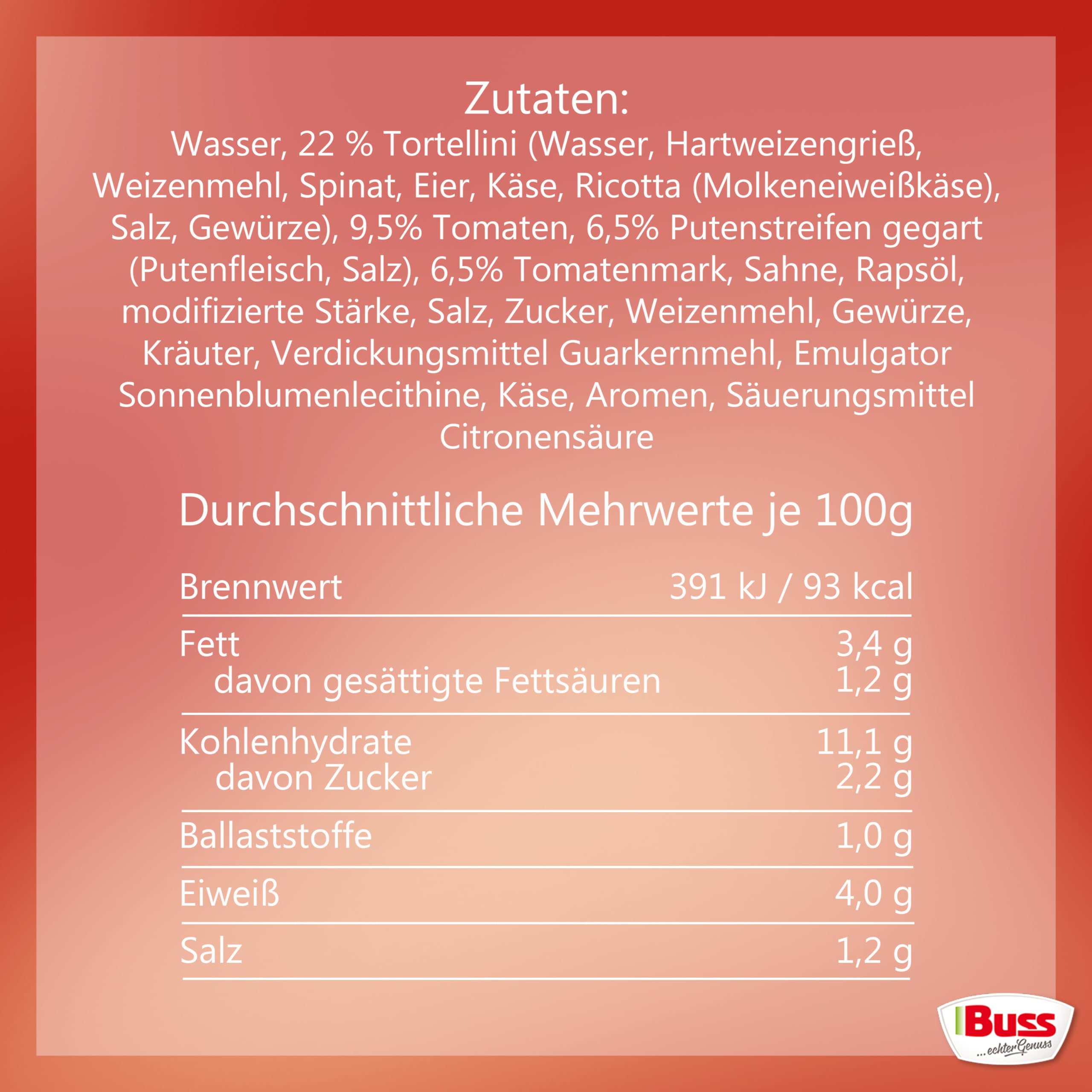 Buss Freizeitmacher - Leckere Tortellini in Tomatensauce - verfeinert mit saftigen Putenstreifen - 12 x 300 g (Packung mit 2)