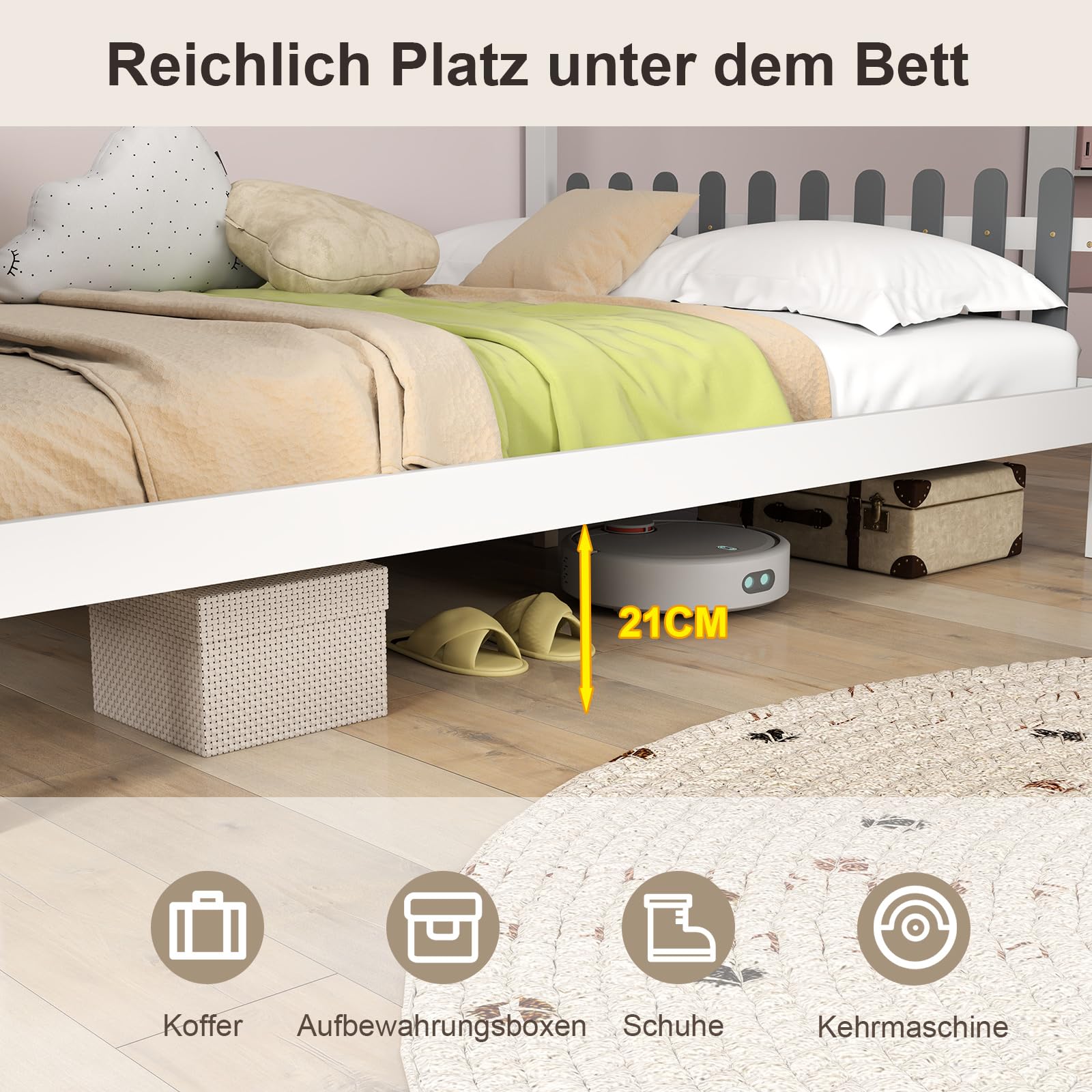 COSTWAY Hausbett mit Schreibtisch 140x200 cm, Kinderbett mit Lattenrost, Schreibtisch mit Aufbewahrungsbox, Schubladen und Haken, Jugendbett, Holzbett für Kinder, Weiß