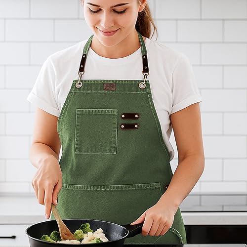 Miniatura 7 de LEATHER VILLAGE Delantales de chef para hombres y mujeres con bolsillos grandes, delantal de trabajo ajustable de lona de algodón con espalda
