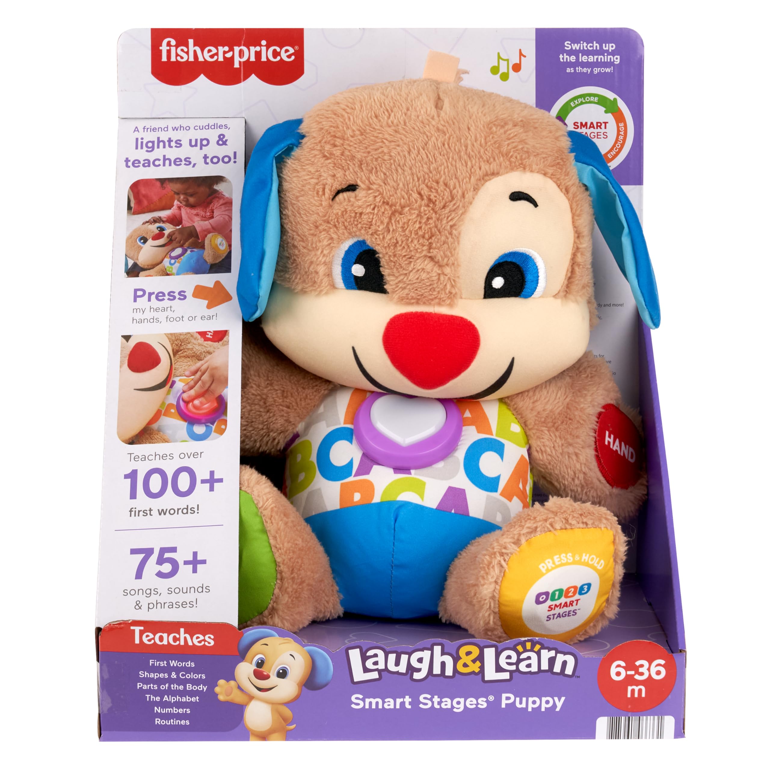 Fisher-Price Il Cagnolino Smart Stages Ridi & Impara, Morbido Peluche educativo per Imparare Le Prime paroline, con 75+ Canzoni, luci e Melodie, 6+ Mesi, Edizione: Svedese, FPM65