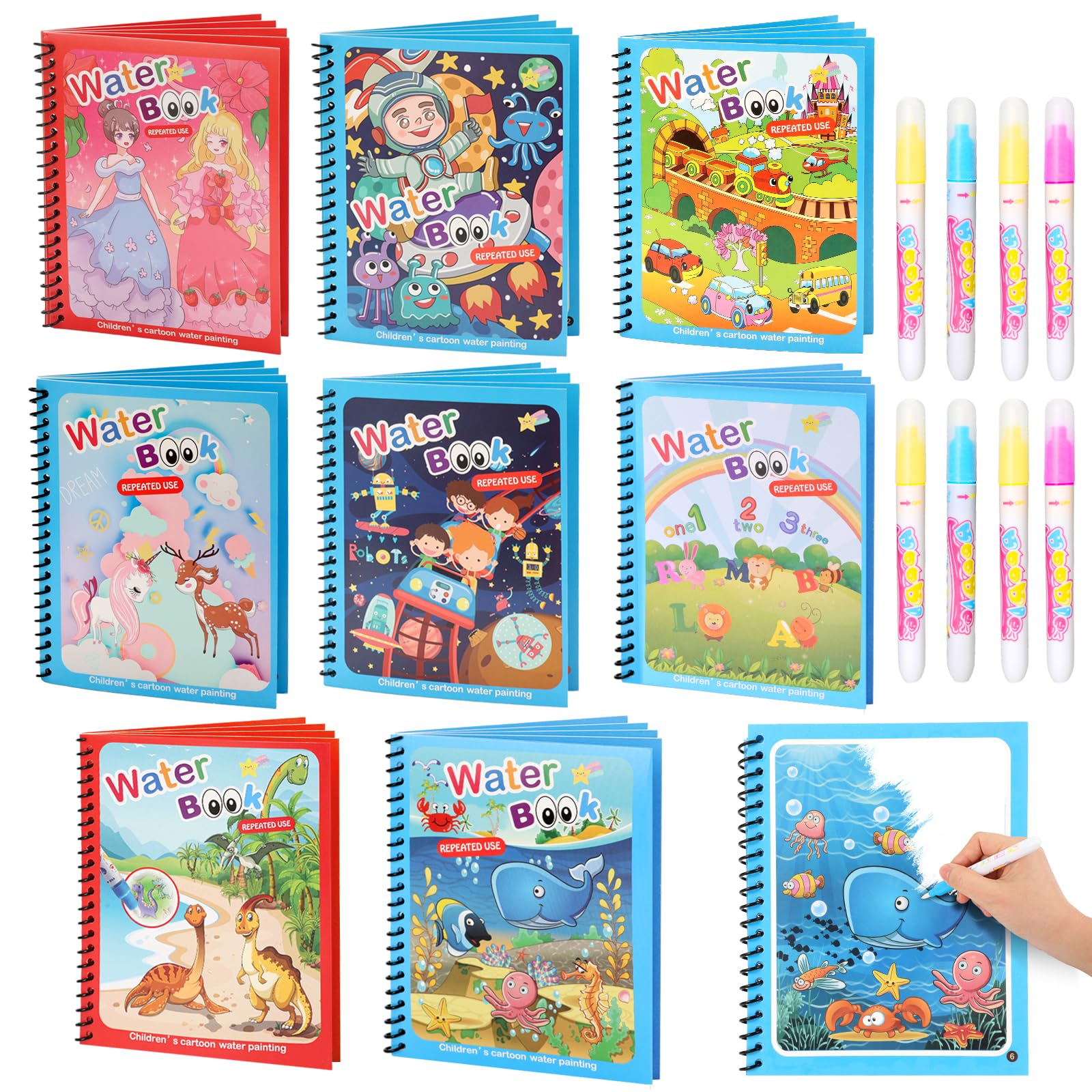 XBagSJ 8 Pack Reusable Water Coloring Books for Toddlers, Paint with Water Books,Mess-Free Coloring Book, Portable Educational Doodle Drawing Toy, Improving Children's Imagination, Color Perception