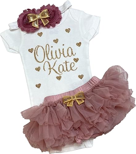 Vista 41 de Personalized Baby Girl Outfit Shower Gift Custom Name Glitter Heart Outfit Optional Tutu Bloomers Headband and Leg Warmers Light Purple + Gold