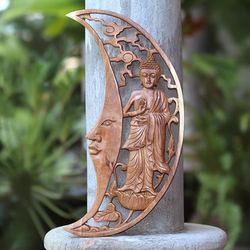 Miniatura 5 de NOVICA Panel de relieve de madera tallada a mano artesanal de Buda en luna creciente marrón, Indonesia, paneles de decoración de pared, budismo y