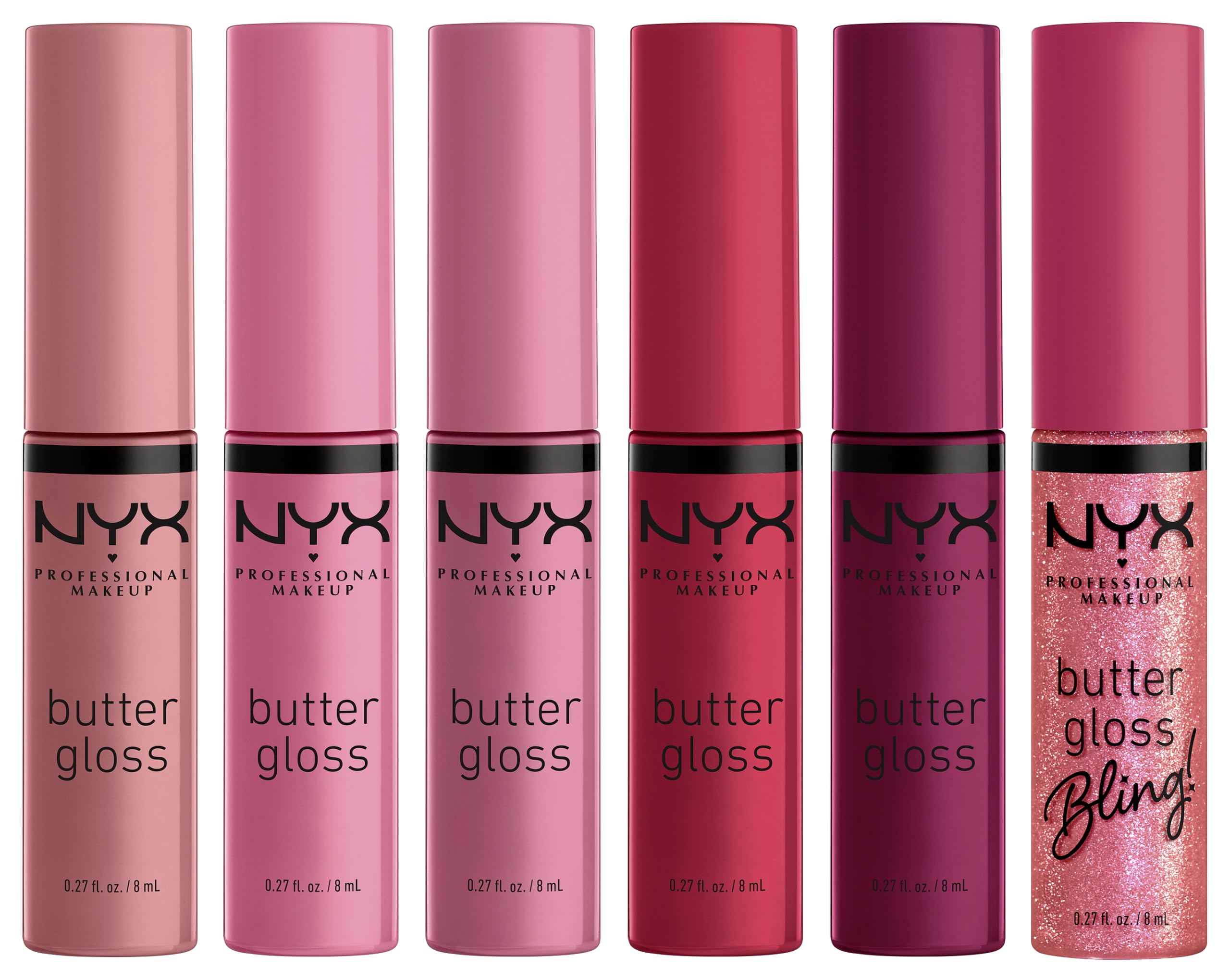 NYX Professional Makeup Home Alone Lipglosse in Pizzaschachtel, Mit glänzendem Finish und nicht klebriger Formel, Butter Gloss Pizza Vault, 6 Stück, 5 Pink-/Rottöne und Butter Gloss Bling