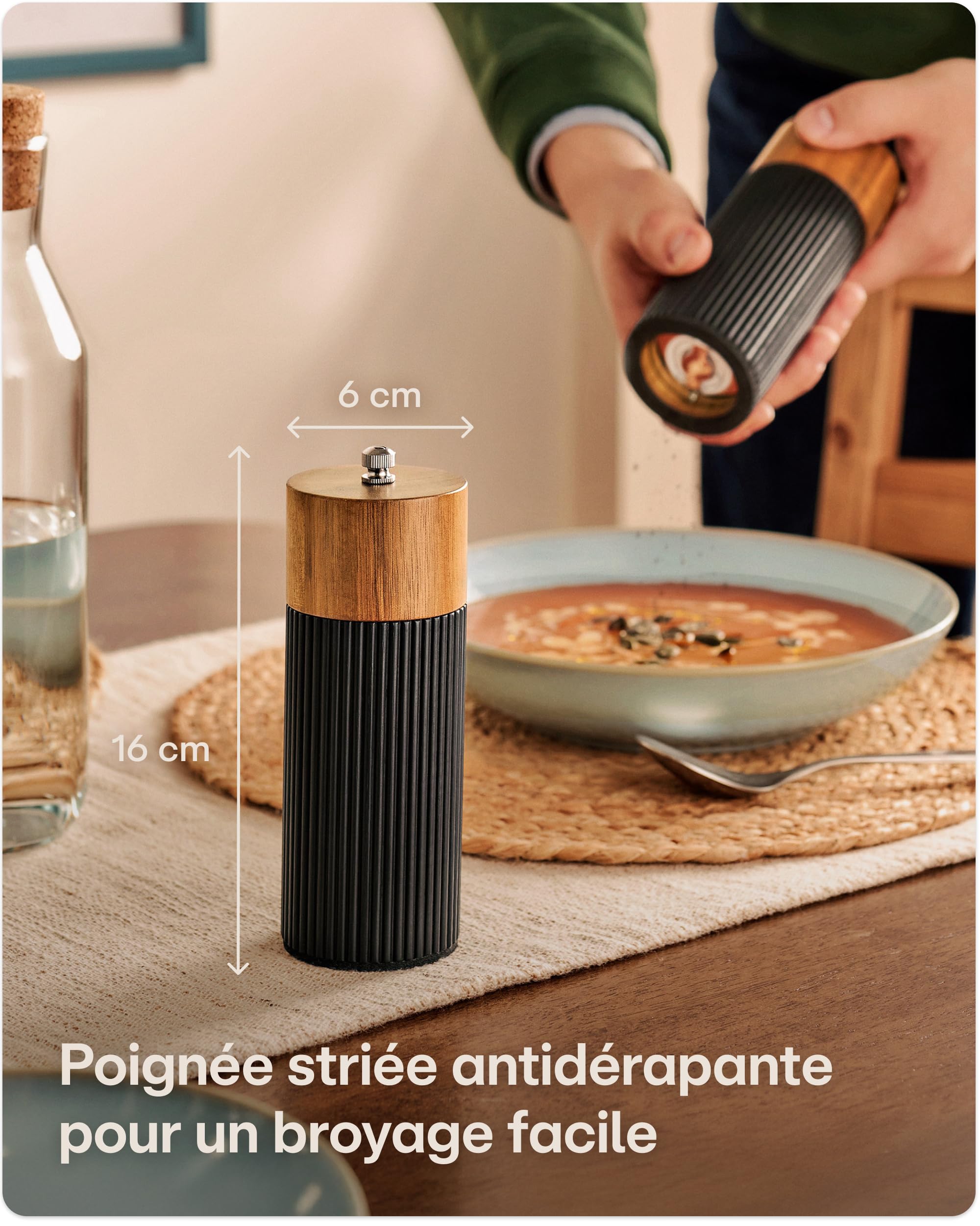 Moulin à Poivre et Sel Manuel en Bois d'Acacia FSC® avec Mécanisme Céramique Réglable Noir Petit