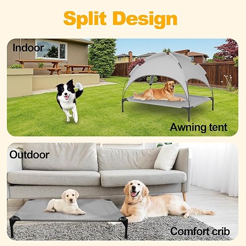 Miniatura 3 de Cama grande para perros al aire libre con toldo y 4 estacas resistentes al viento, sombra al aire libre y protección solar, cama elevada desmontable