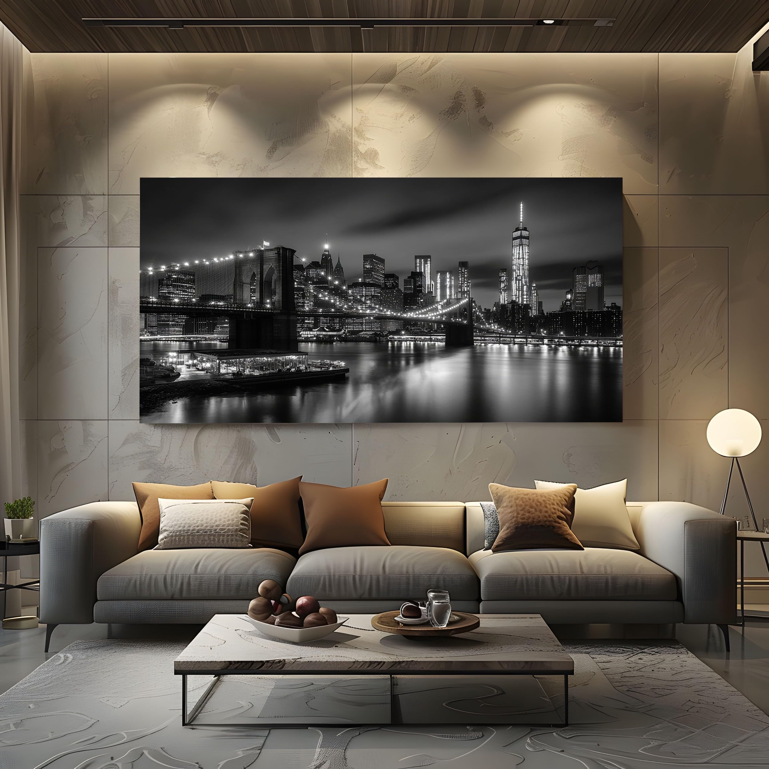 ZORYAN Quadro su Tela Paesaggio Urbano Città Senza Cornice 50x100 cm | Pittura Moderna per Salotto e Soggiorno Architettura Edificio Decorazioni da Parete Grandi Dimensioni Notte in Bianco e Nero