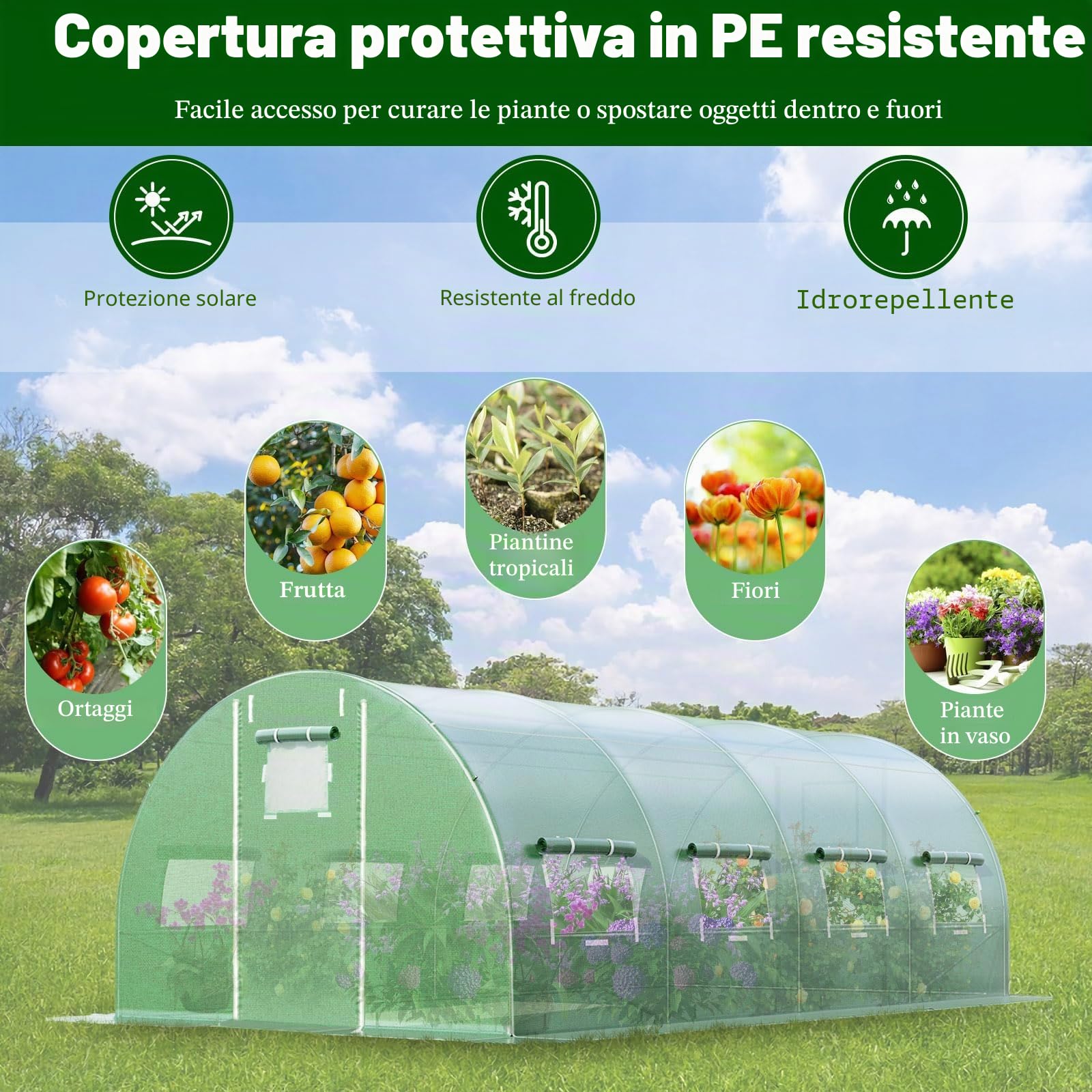 HOMASIS Serra da Giardino in Pellicola, Serra Tunnel con Finestre e Porte Avvolgibili, Serra per Orto Robusta, Verde (6 x 3 x 2 m)