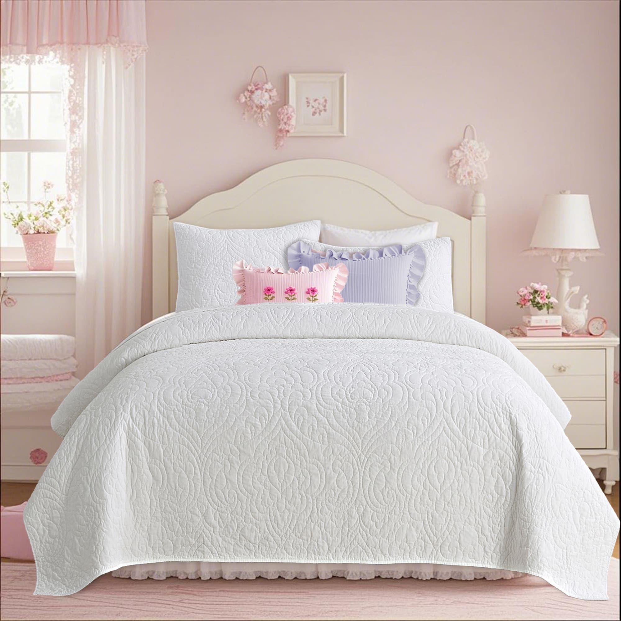 Querencia Cotton Quilt Twin/XL - White Bedspread, Lightweight Coverlet, Paisley Floral Stitched, Teen Girl Bed Spread, Bedding with 1 Pillow Sham (Set of 2)