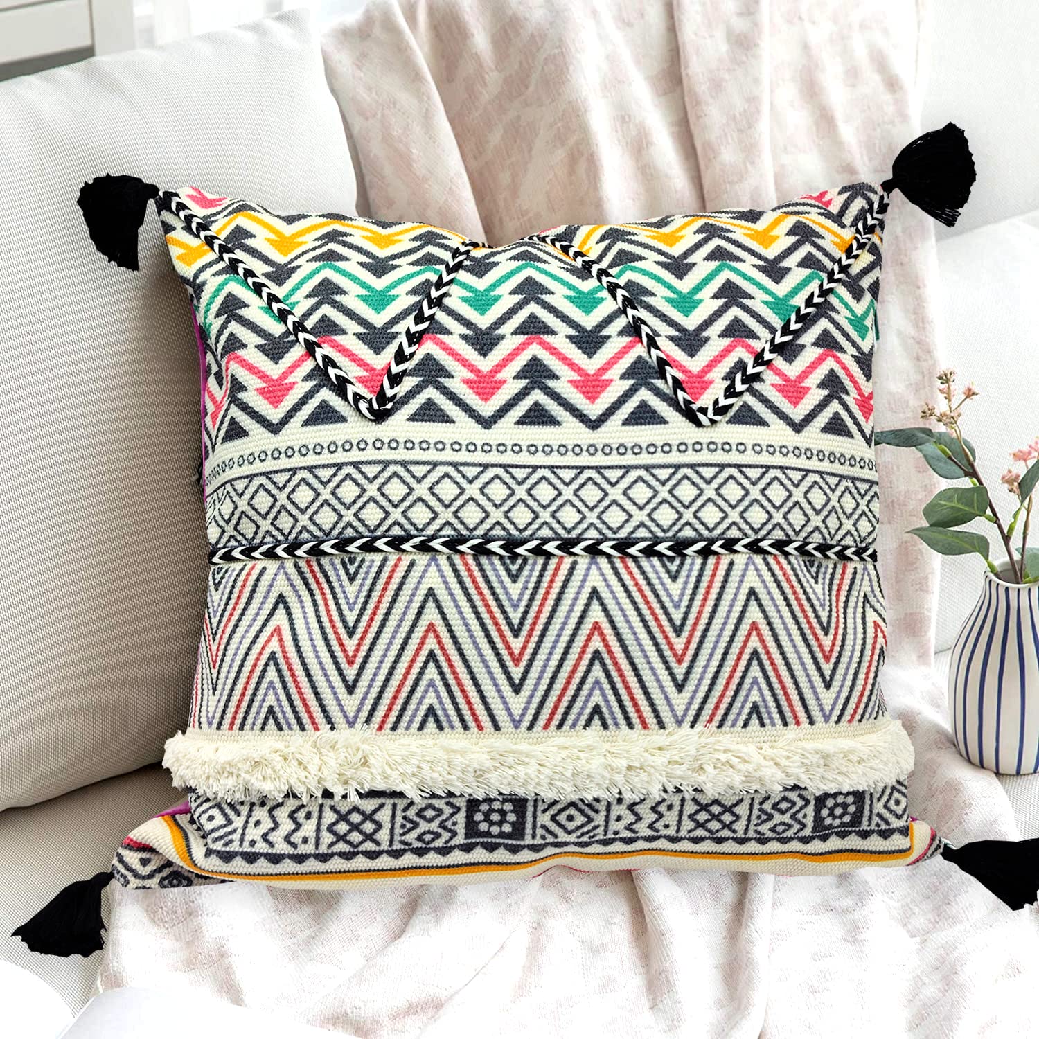 Alysheer Ozdobna poszewka na poduszkę z frędzlami w stylu boho, 45 x 45 cm, bawełna, aksamit, dwustronna, tkana poszewka na poduszkę w stylu boho, na sofę, kanapę, do salonu, na zewnątrz, kolor różowy)