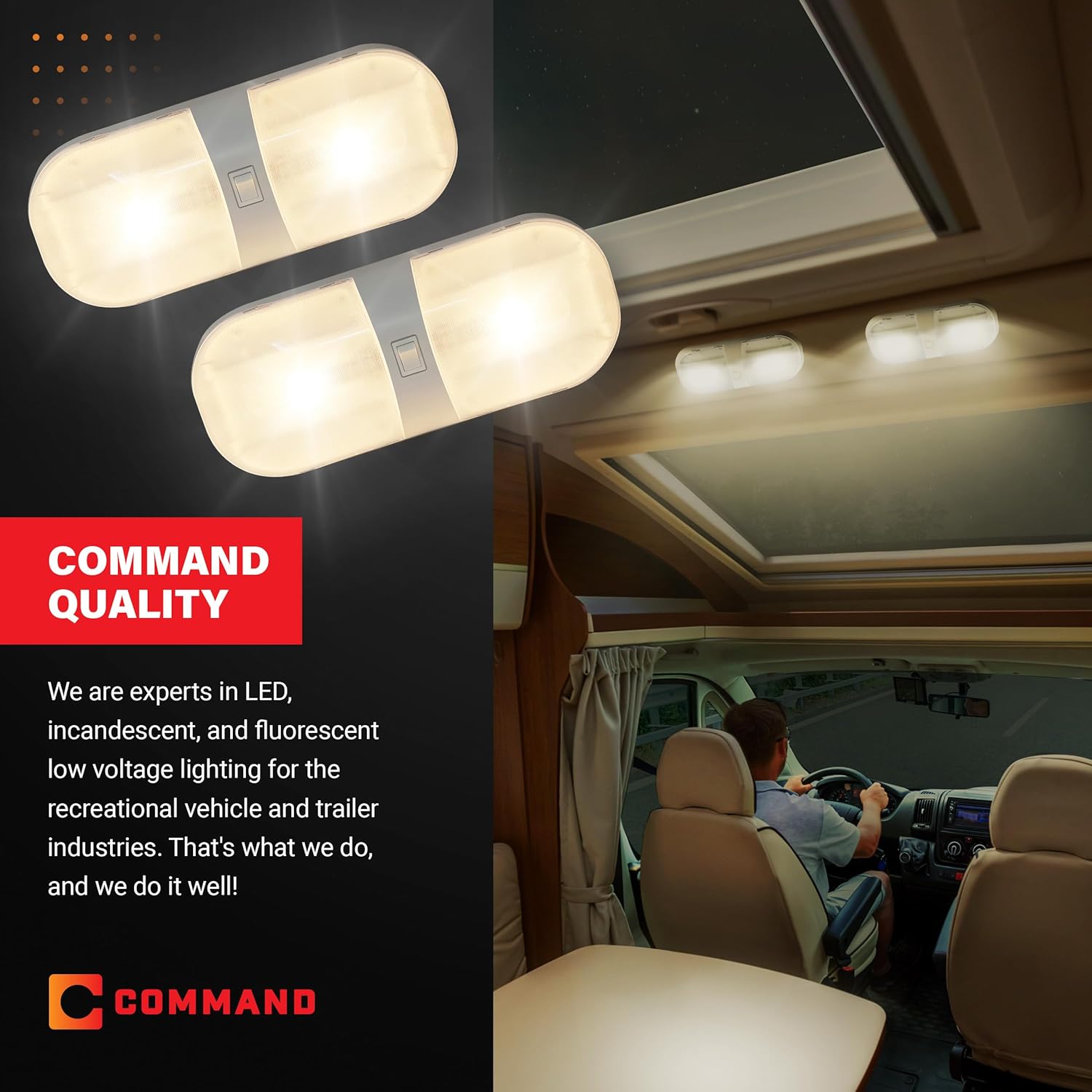 Command Electronics OEM 12V Incandescent RV Double Interior Dome Light with Rocker Switch - Made in USA - Surface Mount for Easy Installation - Hardware & Connectors Included | White (2 Pack)