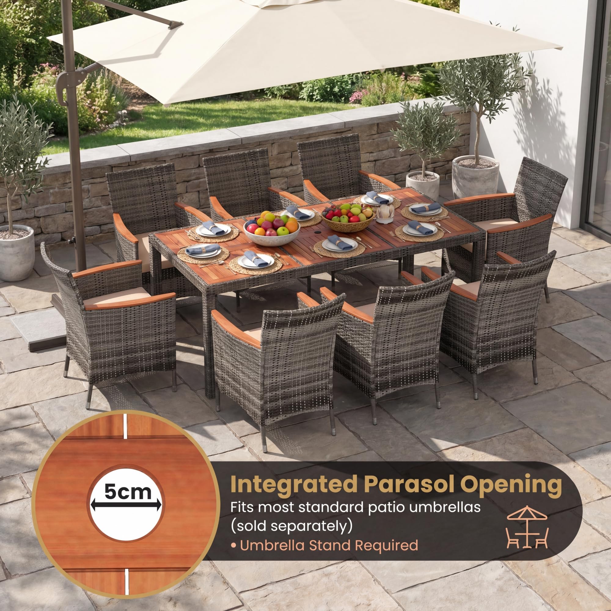 GIANTEX Set di mobili da giardino 9 pezzi, tavolo e sedie in rattan, grigio
