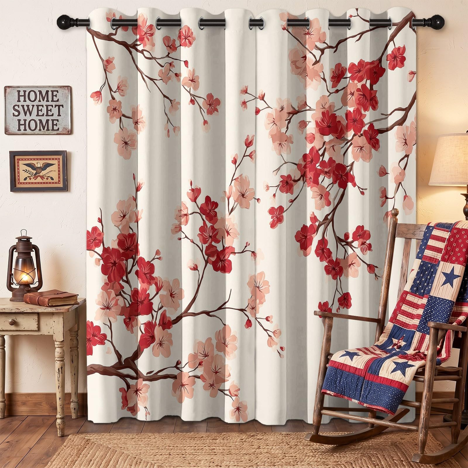 Kremowe zasłony zaciemniające do sypialni salonu, szer. 117 cm x dł. 183 cm, akwarelowe rośliny, kwiaty, kwiaty wiśni, izolacja termiczna, zasłona na przelotkach, przyciemnianie, redukcja hałasu