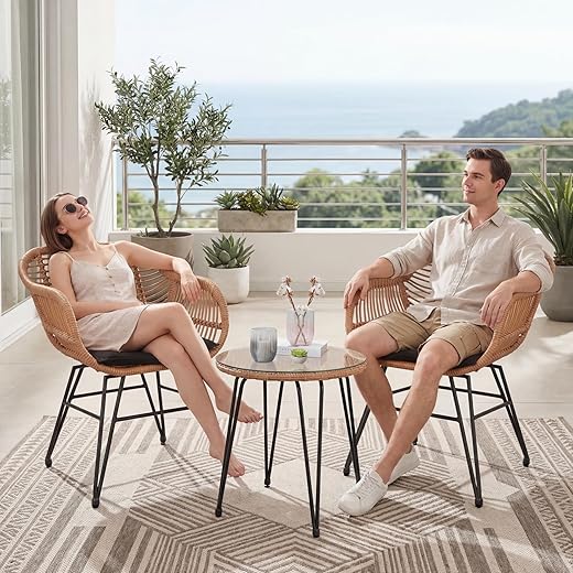 Tappio 3 Piece Outdoor Wicker Furniture Patio Bistro Set, Balcony Furniture Rattan Conversation Sets with Cushions, Wicker Patio Chairs Patio Furniture Set for Outdoor Poolside Garden, Black