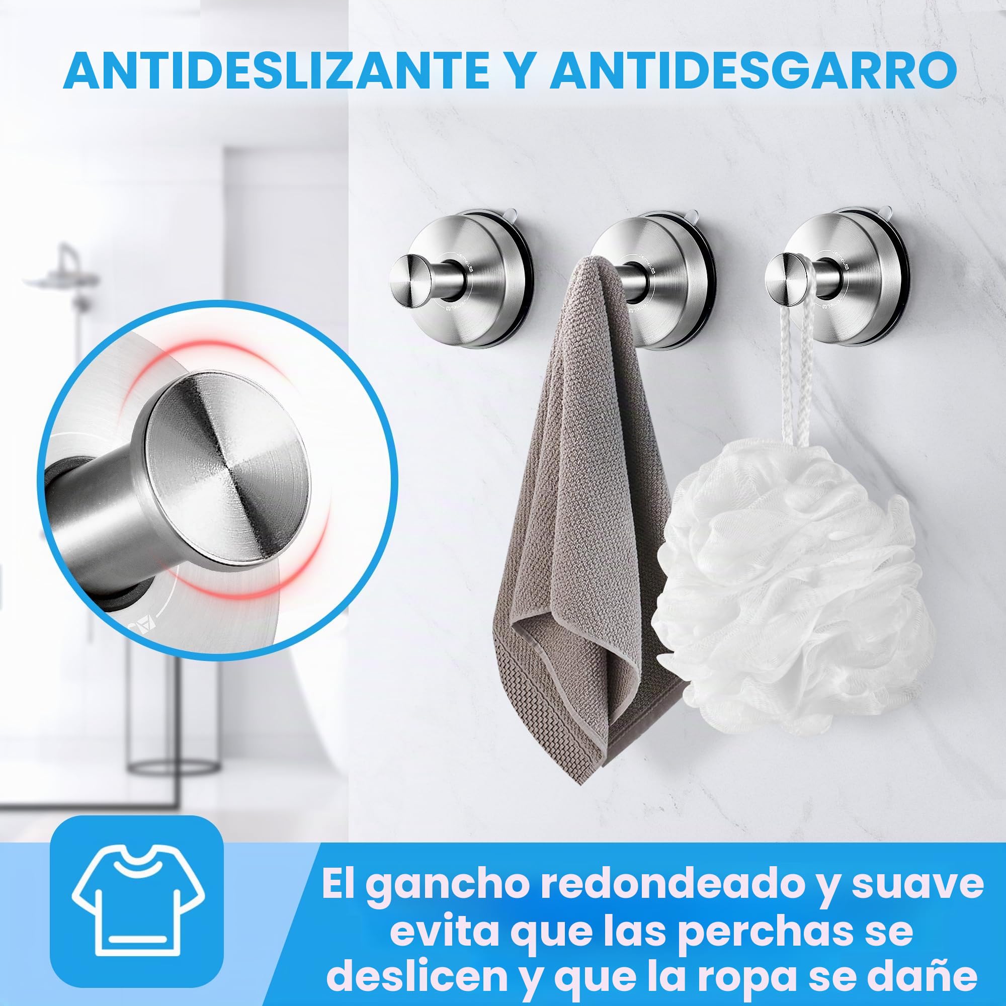 JOMOLA Gancho ventosa de Vacío Gancho de Succión Super Toalleros de gancho Colgador Ventosa para Pared Baño Cocina para Colgar Llaves Abrigos Ropa Bolsos Ducha Acabado Cepillado, 2 Piezas