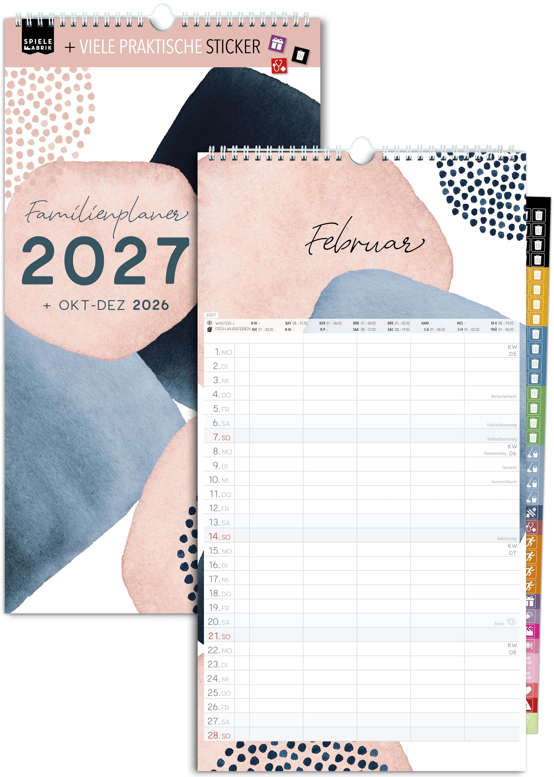 Spielefabrik® Familienkalender 2027 Familienplaner 5 Spalten PASTELL Kalender 23 x 43 cm das Original Wandplaner für 5 Personen Familienplaner inkl. Sticker Ferien und Feiertagen