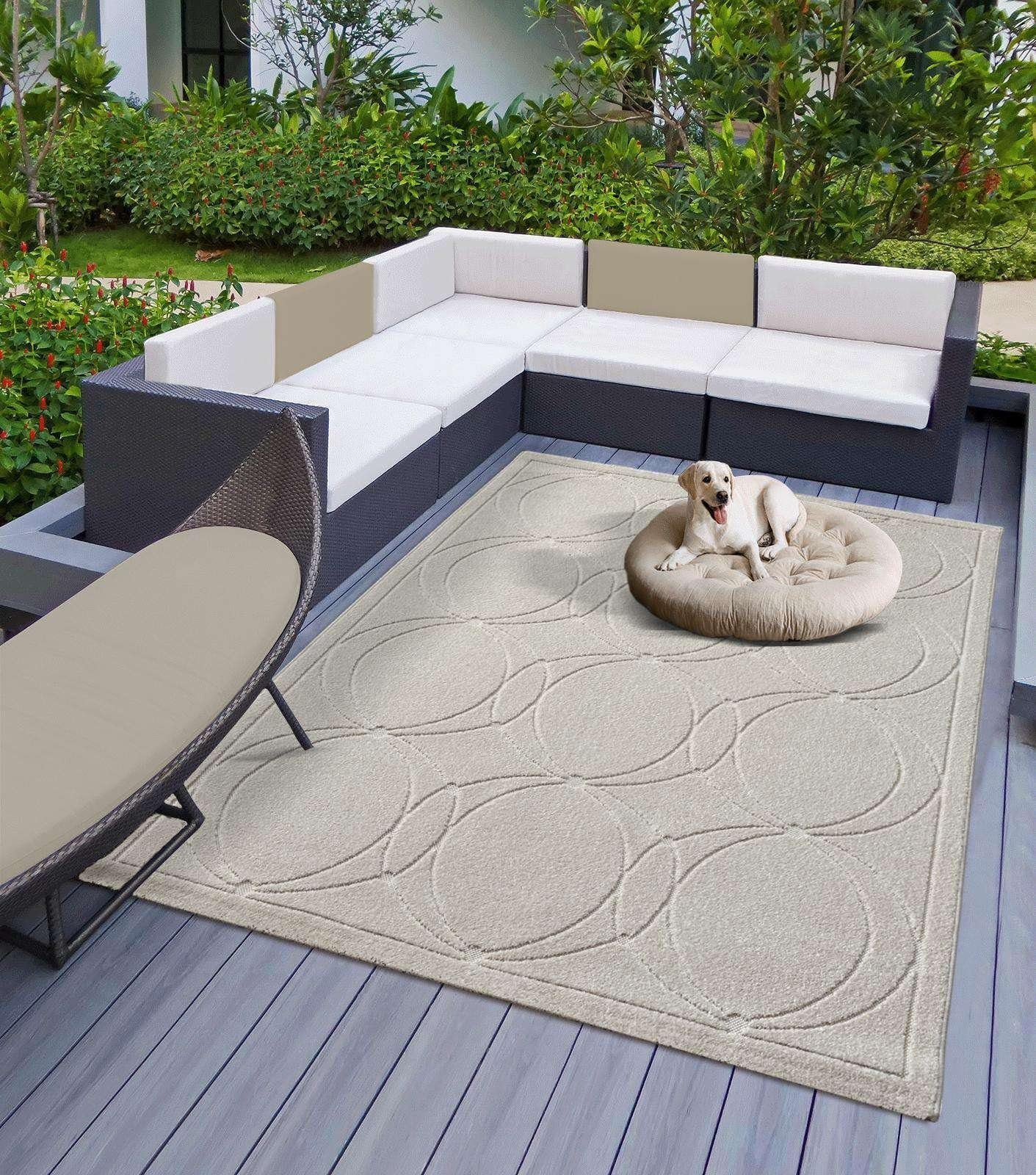 Taracarpet Teppich Indoor & Outdoor Teppich Capri mediteranes Kreise Design, rechteckig, Höhe: 5 mm, Kurzflor Balkon Terrasse Küchenteppich Wohnzimmer Creme 200x290 cm
