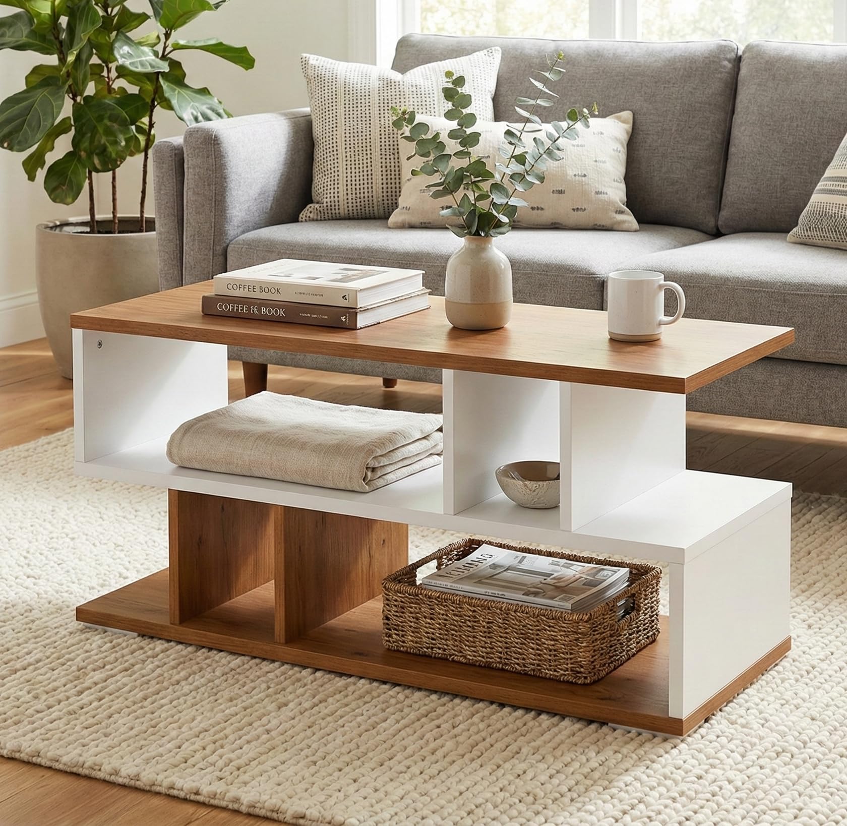 FURLAY Zentro Modern Coffee Table & TV Stand for Living Room, Mid Century Wood Entertainment Center with Open Storage Shelves, Minimalist Media Console Table for Home - 90 x 40cm (FWCT2-Multi Color)
